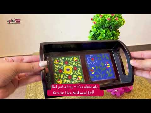 Serving Tray With Ceramic Tiles | Tea & Snacks Serving Platter Wooden - for Home, Dining Table, Kitchen Decor & Gifts - 9 Inch - Apkamart