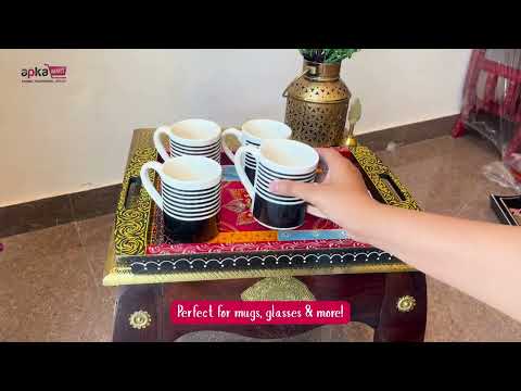 Tray Wooden | Beautifully Hand Painted Tea & Snacks Serving Platter | Decorative Trays - for Home, Dining Table, Kitchen Decor | Wedding & Housewarming Gift - 17 Inch (Pack of 2) - Apkamart 