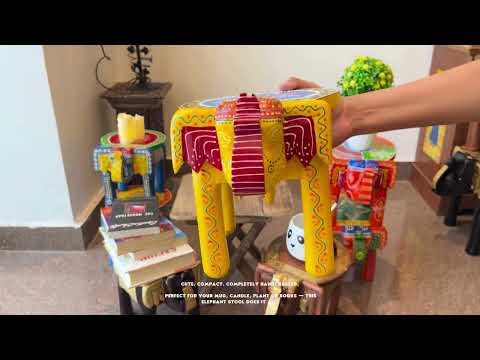 Elephant Table Showpiece | Animal Figurines - For Home, Living Room Decor & Gifts | Small Wood Stool - For Placing Small Pots & Showpieces - 8 Inch - apkamart #Color_Yellow