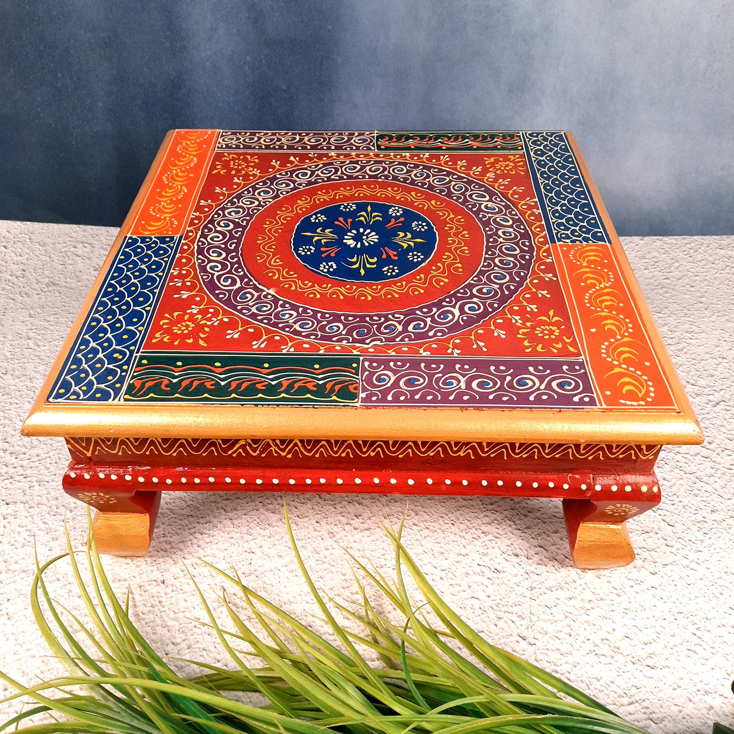 Puja Chowki Bajot| Wooden Choki For Sitting | Peeta For Home, living Room, Corner, Mandir Decoration & Gifts - 16 Inch - apkamart