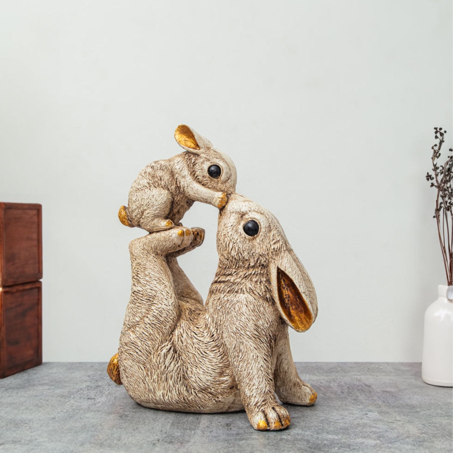 Rabbit Mother with Baby Statue Showpiece | Animal Decorative Figurines - for vastu, Home Decor Balcony Outdoor Indoor Office & Gifts - 10 Inch - Apkamart #Color_Brown