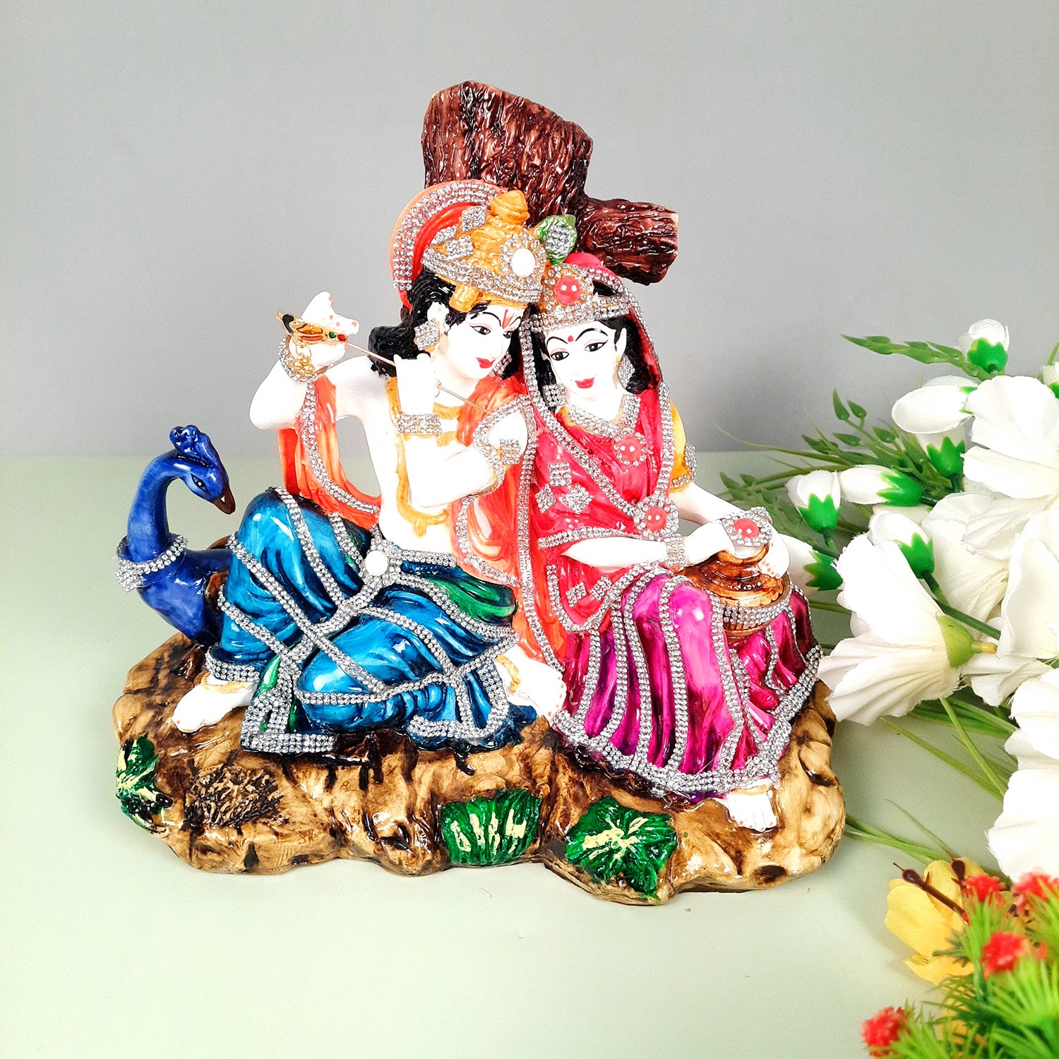 Radha Krishna Idol Statue - With Stone Work & Premium Finish Murti - for Home Decor, Living Room, Temple, Pooja, Office & Gifts - 9 Inch - apkamart