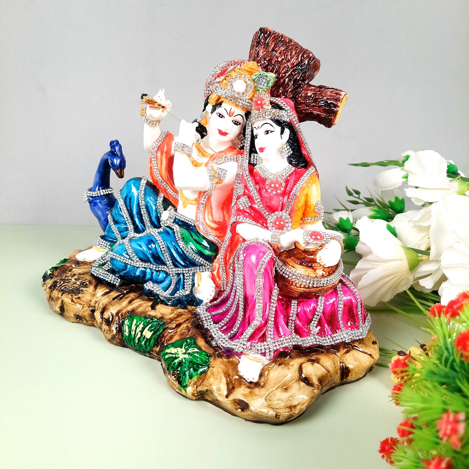 Radha Krishna Idol Statue - With Stone Work & Premium Finish Murti - for Home Decor, Living Room, Temple, Pooja, Office & Gifts - 9 Inch - apkamart