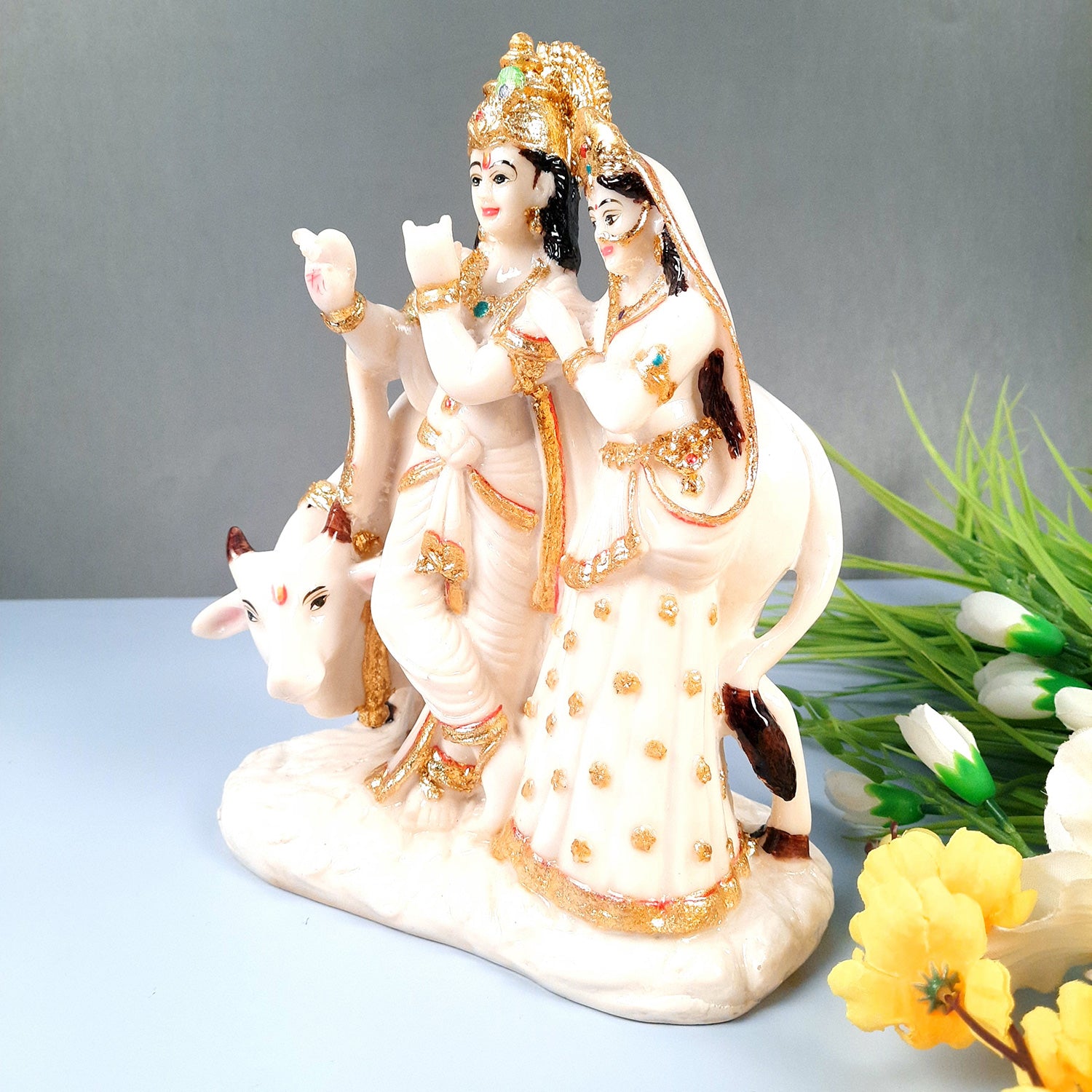 Radha Krishna Idol Statue Showpiece | Radhe Krishna Marble Look Murti - For Home Décor, Living Room, Mandir, Temple, Pooja, Table, Office & Gifts - 11 Inch - Apkamart