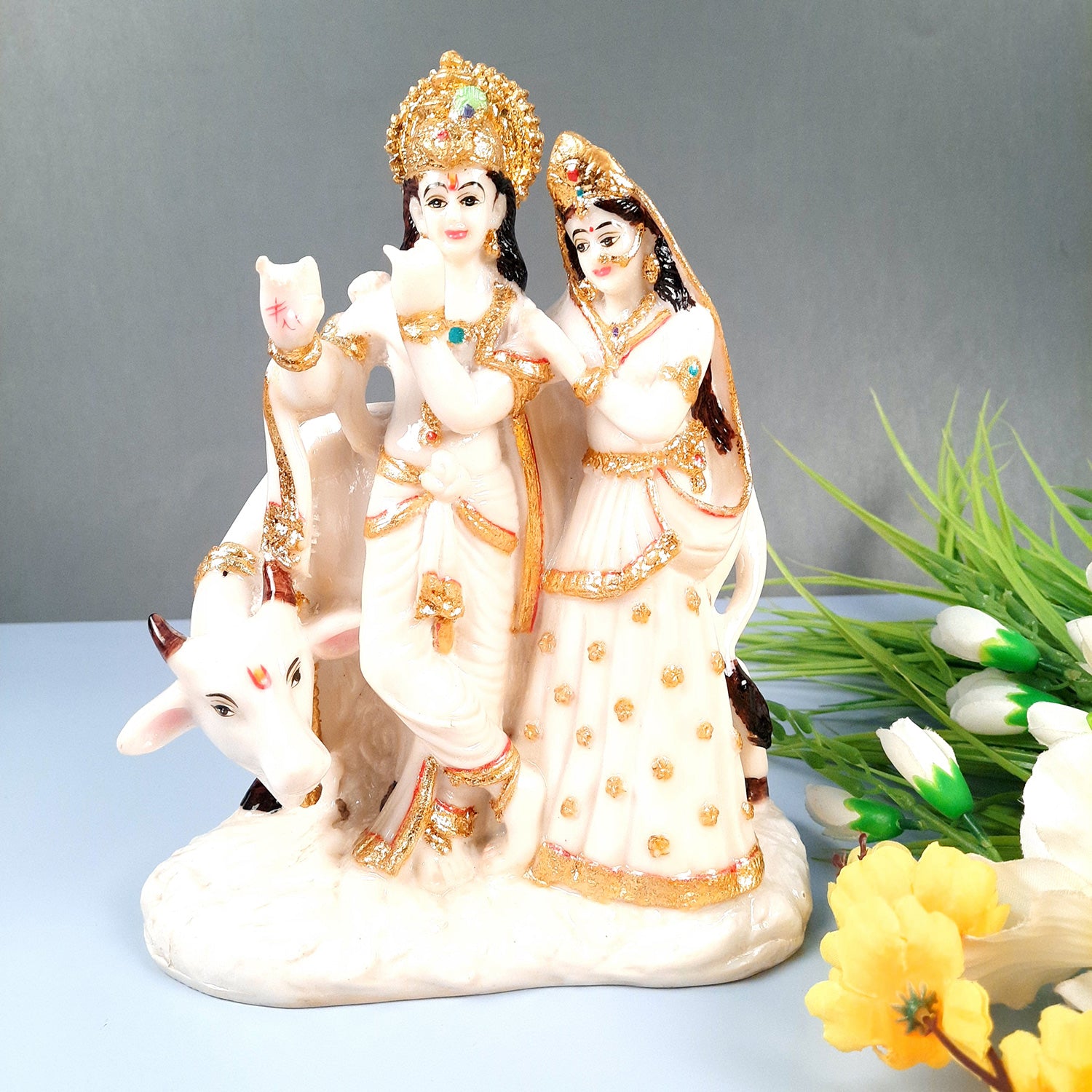 Radha Krishna Idol Statue Showpiece | Radhe Krishna Marble Look Murti - For Home Décor, Living Room, Mandir, Temple, Pooja, Table, Office & Gifts - 11 Inch - Apkamart