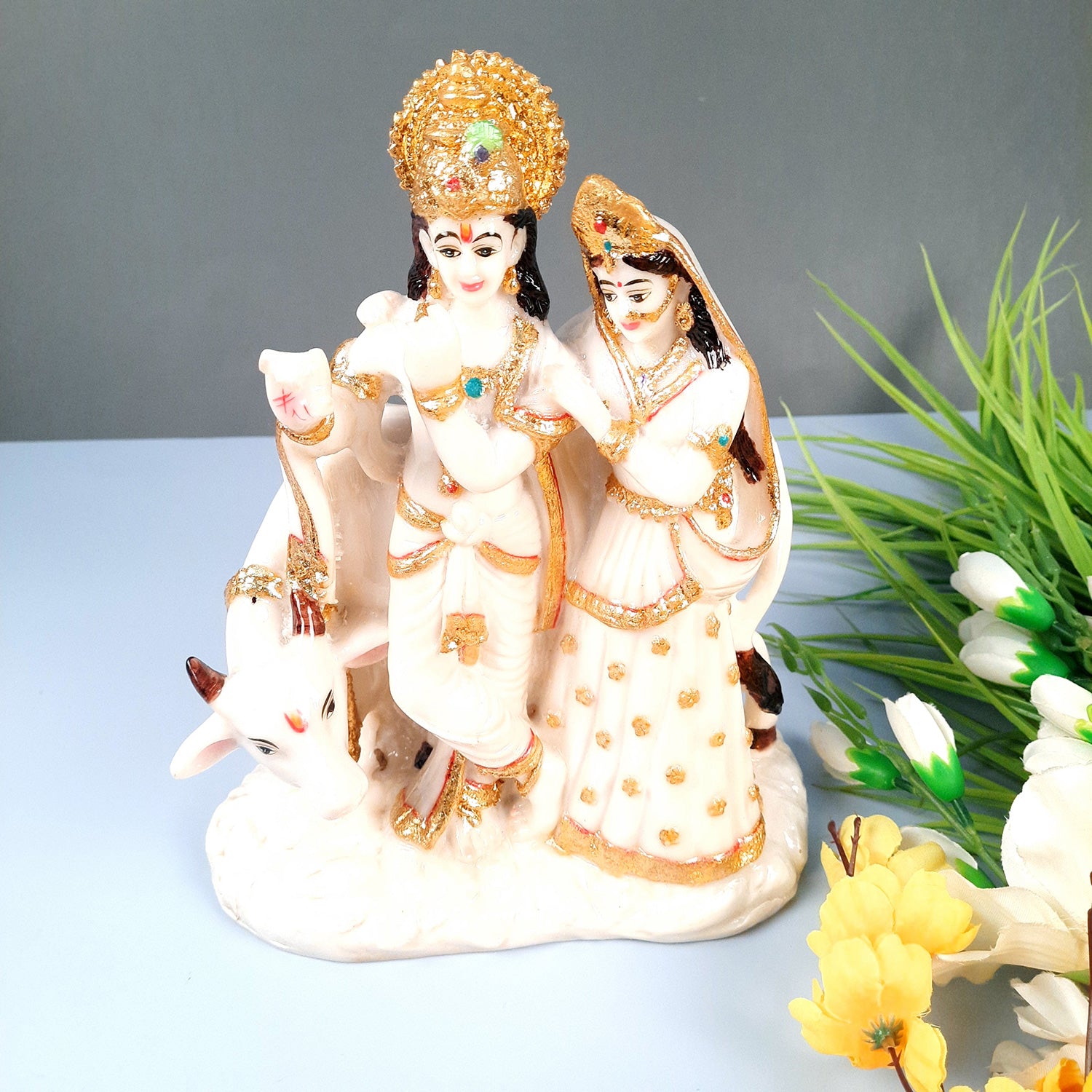 Radha Krishna Idol Statue Showpiece | Radhe Krishna Marble Look Murti - For Home Décor, Living Room, Mandir, Temple, Pooja, Table, Office & Gifts - 11 Inch - Apkamart