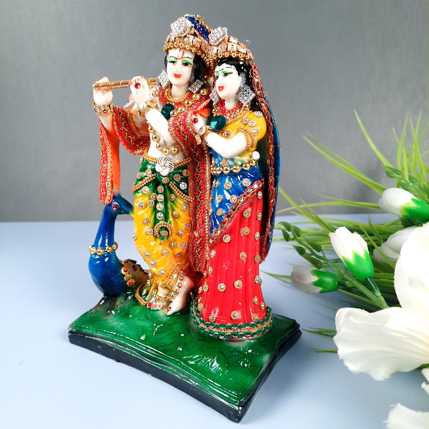 Radha Krishna Idol Statue | Radhe Krishna With Peacock Murti - For Home Décor, Living Room, Mandir, Temple, Pooja, Table, Office & Gifts - 9 Inch - Apkamart