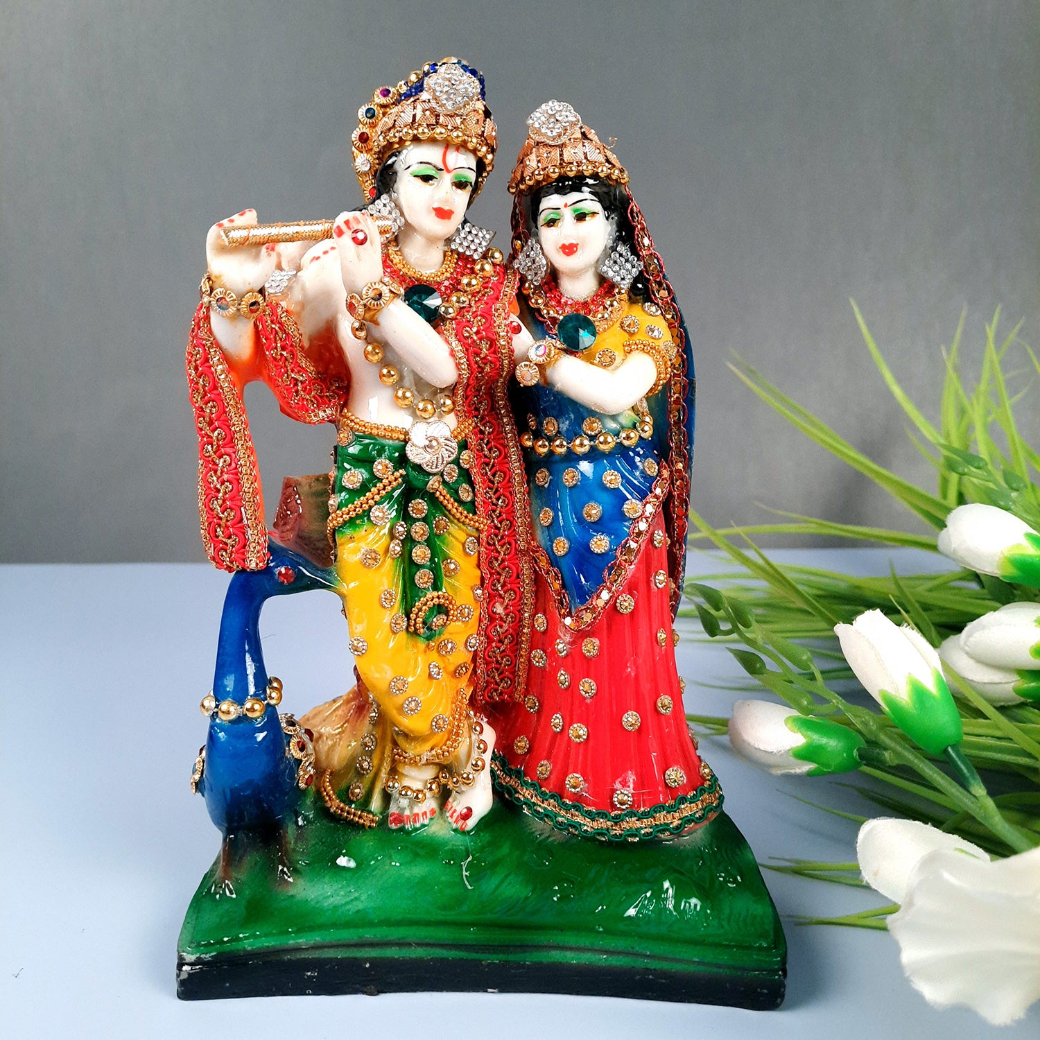 Radha Krishna Idol Statue | Radhe Krishna With Peacock Murti - For Home Décor, Living Room, Mandir, Temple, Pooja, Table, Office & Gifts - 9 Inch - Apkamart