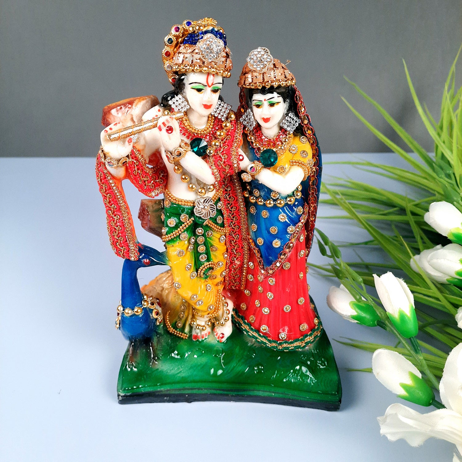 Radha Krishna Idol Statue | Radhe Krishna With Peacock Murti - For Home Décor, Living Room, Mandir, Temple, Pooja, Table, Office & Gifts - 9 Inch - Apkamart