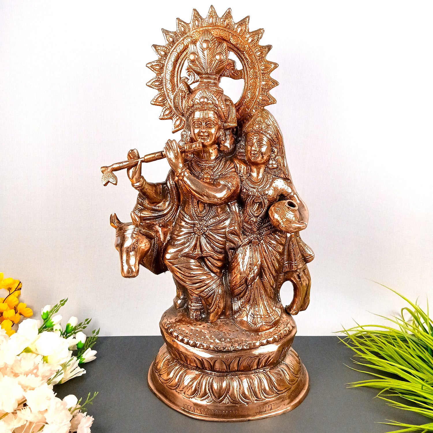 Radha Krishna Statue | Shri Radhe Krishna With Cow Idol Murti - for Home, Table, Living Room, Office, Puja , Entrance Decoration & Gifts - 26 Inch - Apkamart