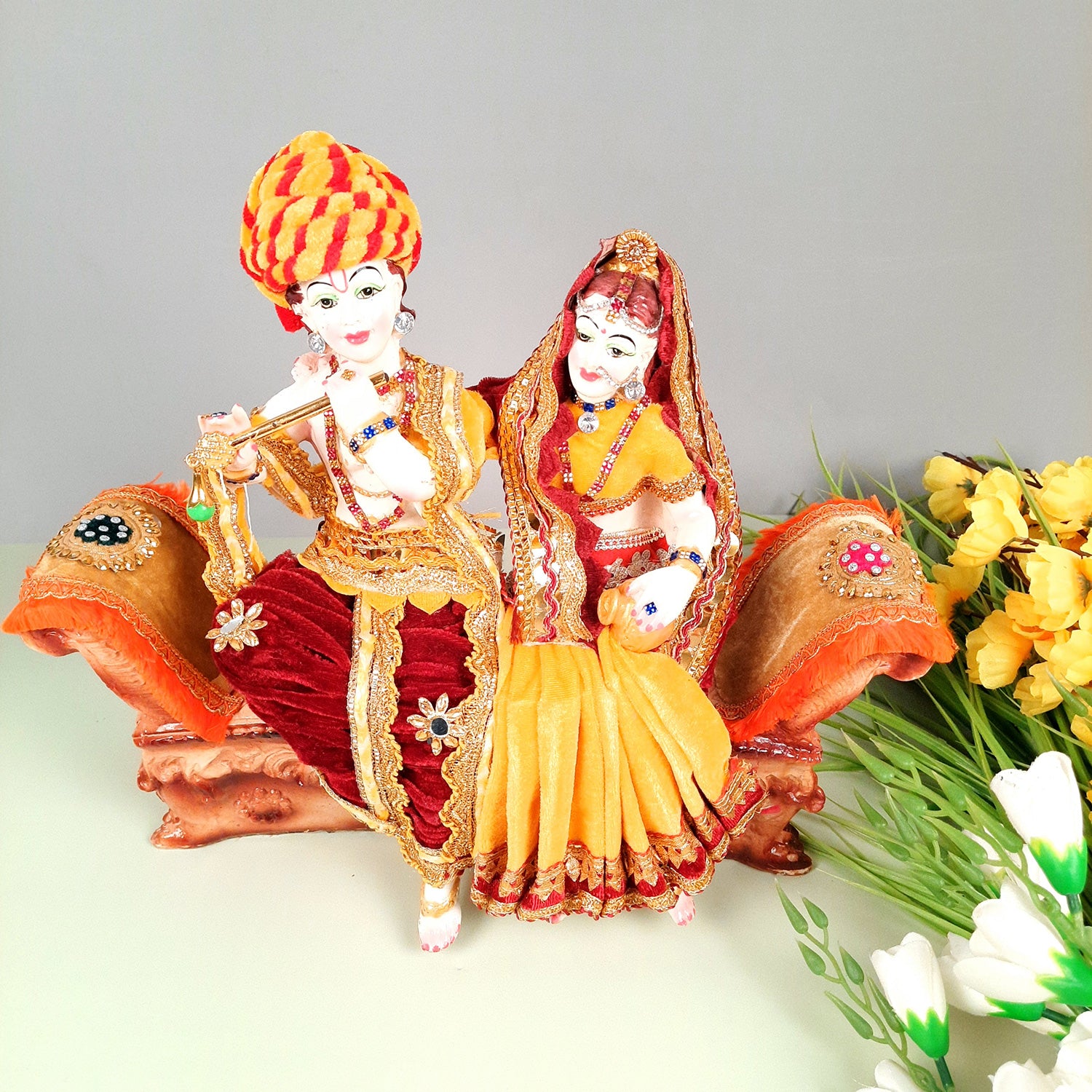 Radha Krishna Idol Statue - Sitting On Couch Design With Premium Finish Murti - for Home Decor, Living Room, Temple, Pooja, Office & Gifts - 12 Inch - apkamart