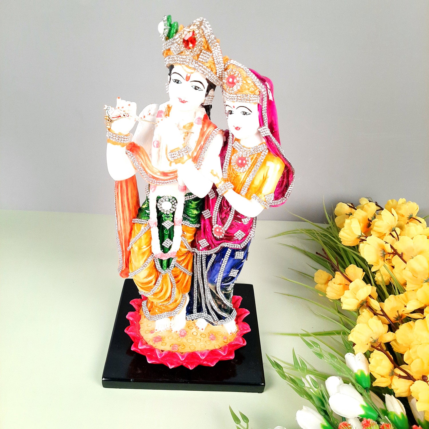 Radha Krishna Idol Statue - Standing On Lotus Design - With Stone Work & Premium Finish Murti - for Home Decor, Living Room, Temple, Pooja, Office & Gifts - 16 Inch - apkamart