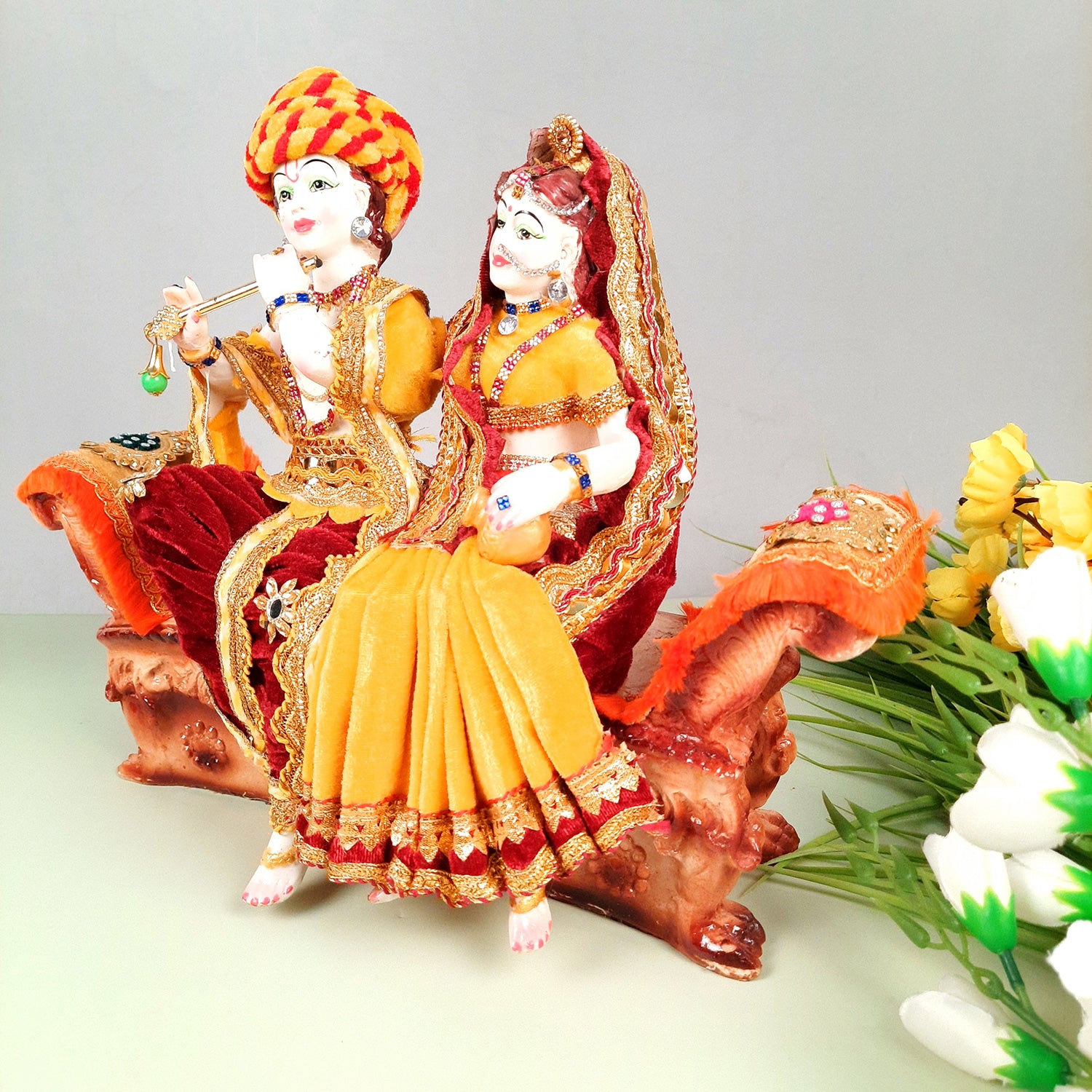 Radha Krishna Idol Statue - Sitting On Couch Design With Premium Finish Murti - for Home Decor, Living Room, Temple, Pooja, Office & Gifts - 12 Inch - apkamart