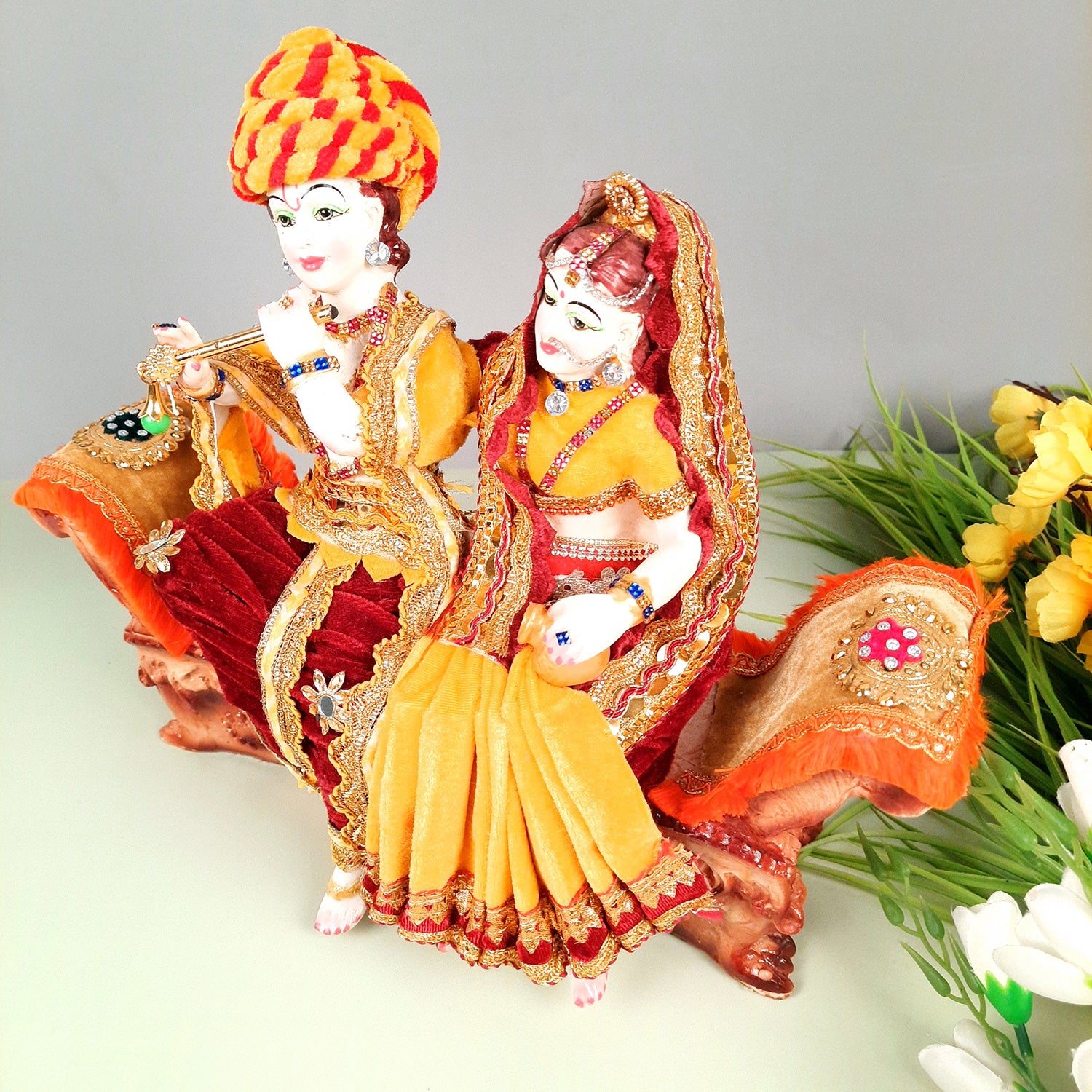 Radha Krishna Idol Statue - Sitting On Couch Design With Premium Finish Murti - for Home Decor, Living Room, Temple, Pooja, Office & Gifts - 12 Inch - apkamart