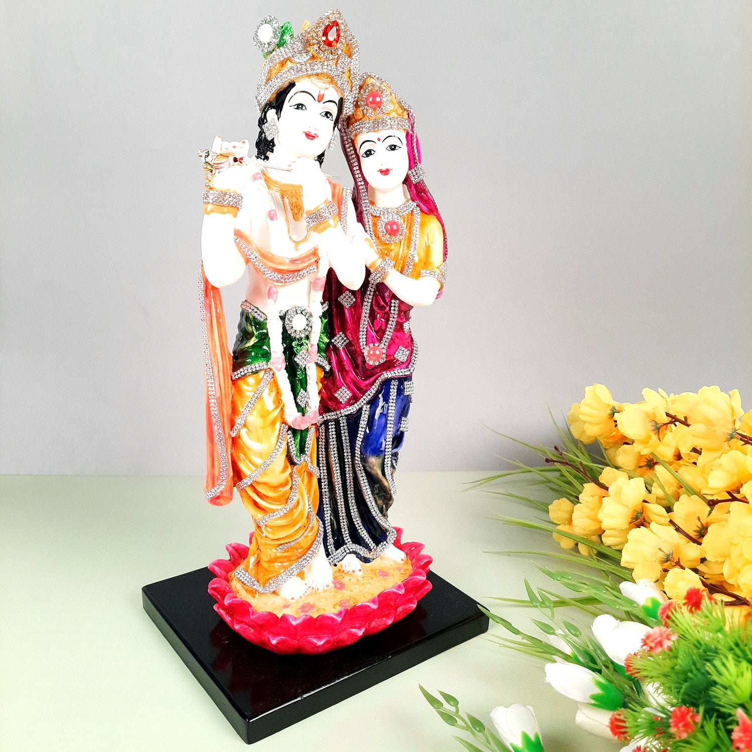 Radha Krishna Idol Statue - Standing On Lotus Design - With Stone Work & Premium Finish Murti - for Home Decor, Living Room, Temple, Pooja, Office & Gifts - 16 Inch - apkamart