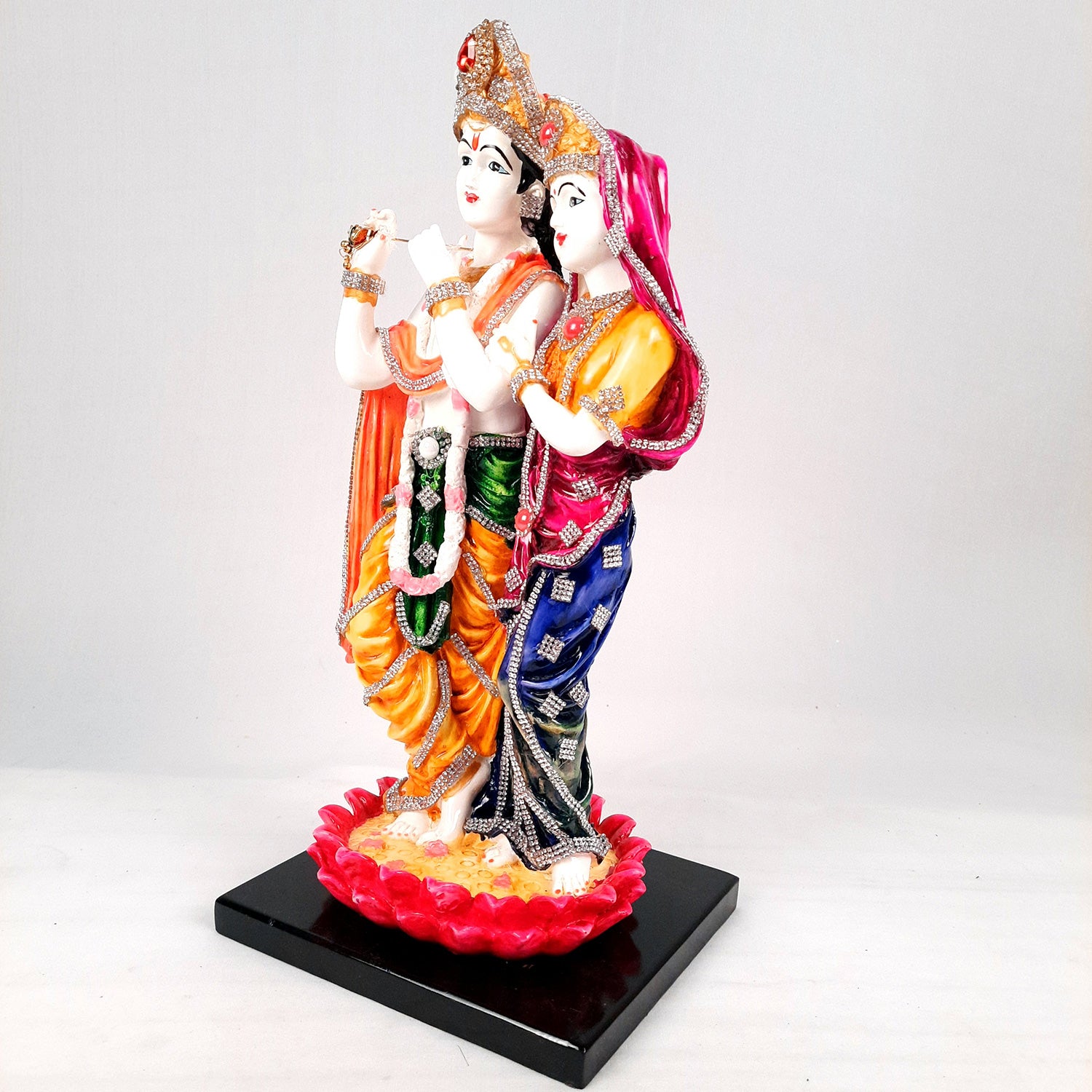 Radha Krishna Idol Statue - Standing On Lotus Design - With Stone Work & Premium Finish Murti - for Home Decor, Living Room, Temple, Pooja, Office & Gifts - 16 Inch - apkamart