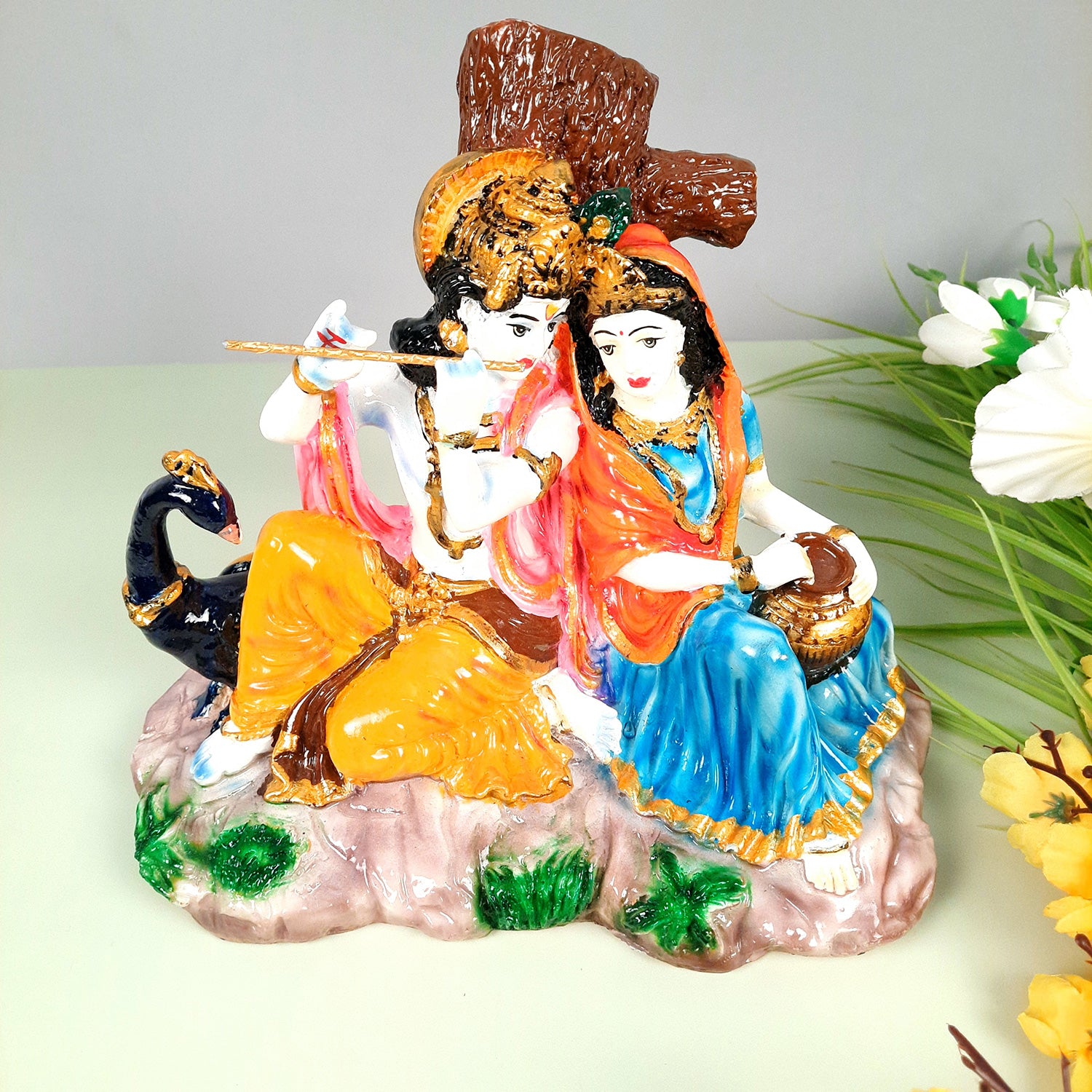 Radha Krishna Idol Statue Showpiece With Peacock Murti - for Home Decor, Living Room, Mandir, Temple, Pooja, Table, Office & Gifts - 9 Inch - apkamart