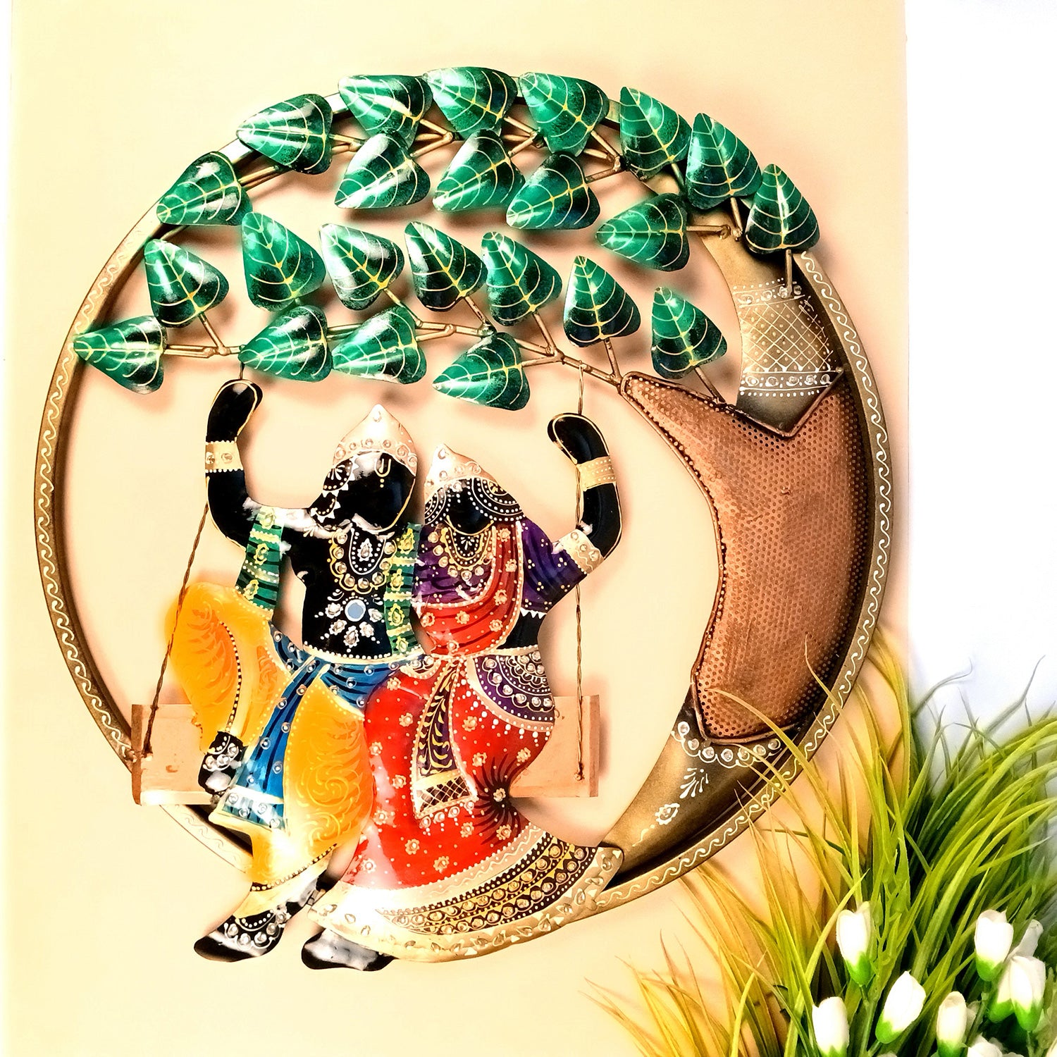 Radha Krishna On Swing Wall Hanging | Metal Wall Art - For Home, Living Room, Hall, Entrance Decor | Housewarming & Wedding Gift - 23 Inch - Apkamart