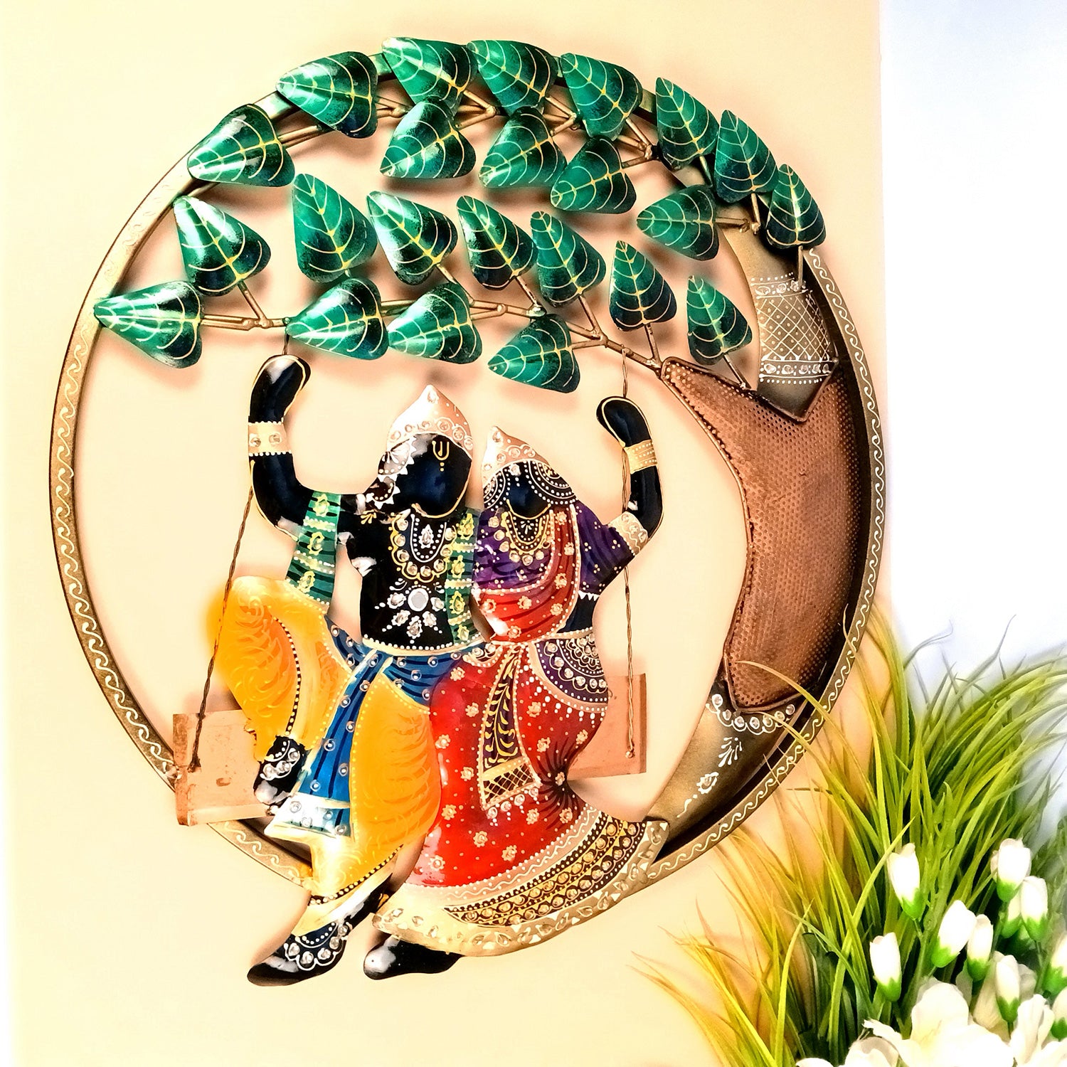 Radha Krishna On Swing Wall Hanging | Metal Wall Art - For Home, Living Room, Hall, Entrance Decor | Housewarming & Wedding Gift - 23 Inch