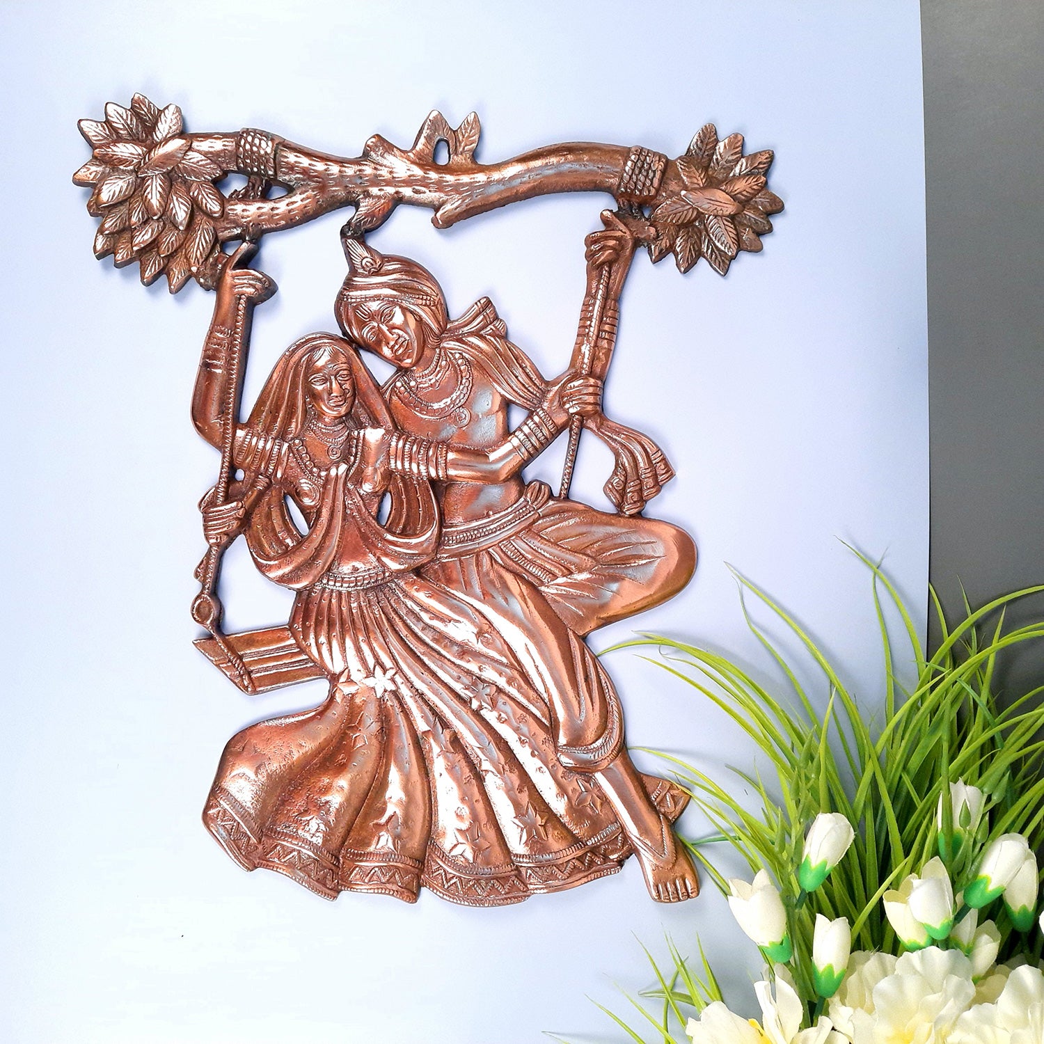 Radha Krishna Sitting on Jhula / Swing Wall Hanging Statue - for Home, Living Room, Puja Room Decor, Wedding Gift - Apkamart