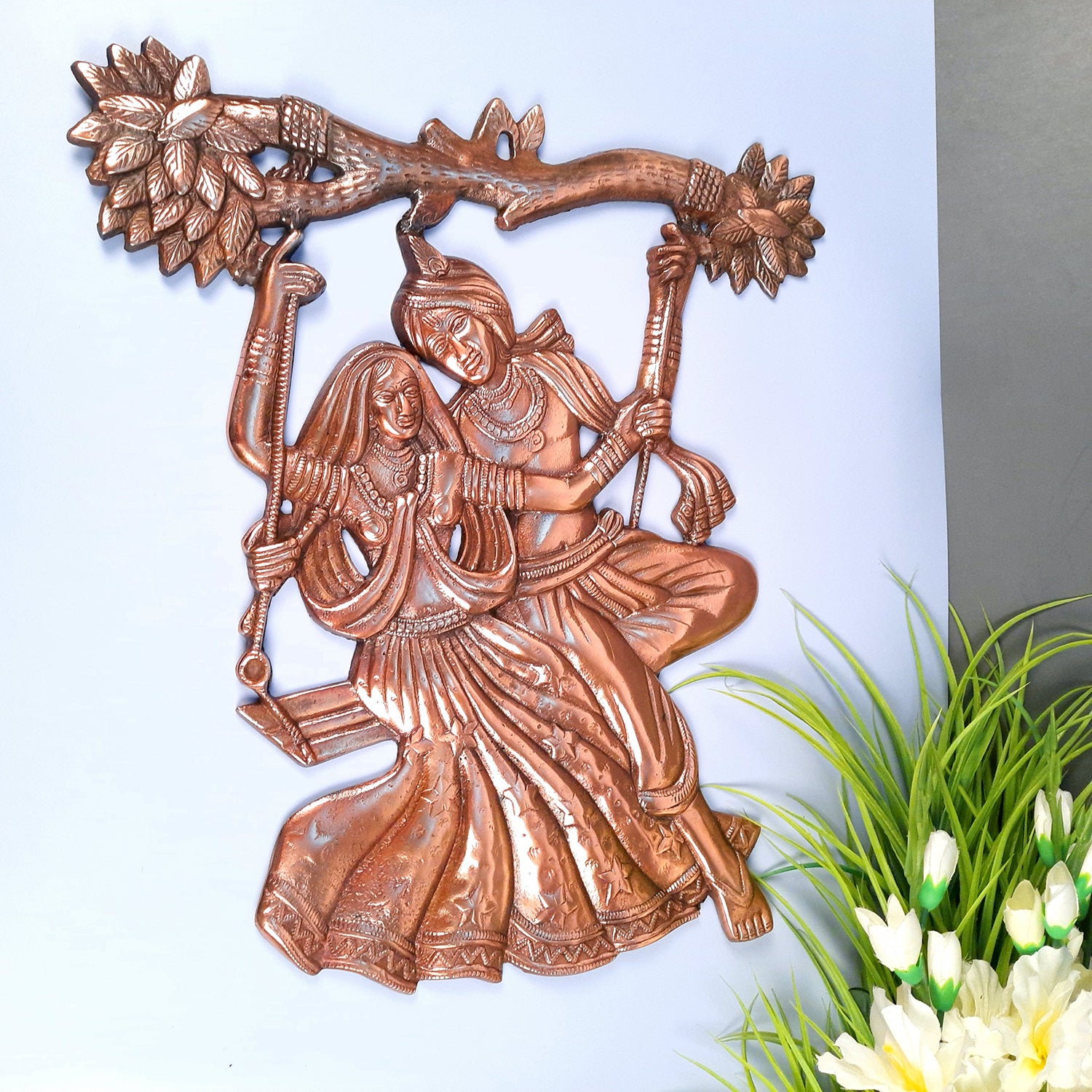 Radha Krishna Sitting on Jhula / Swing Wall Hanging Statue - for Home, Living Room, Puja Room Decor, Wedding Gift - Apkamart