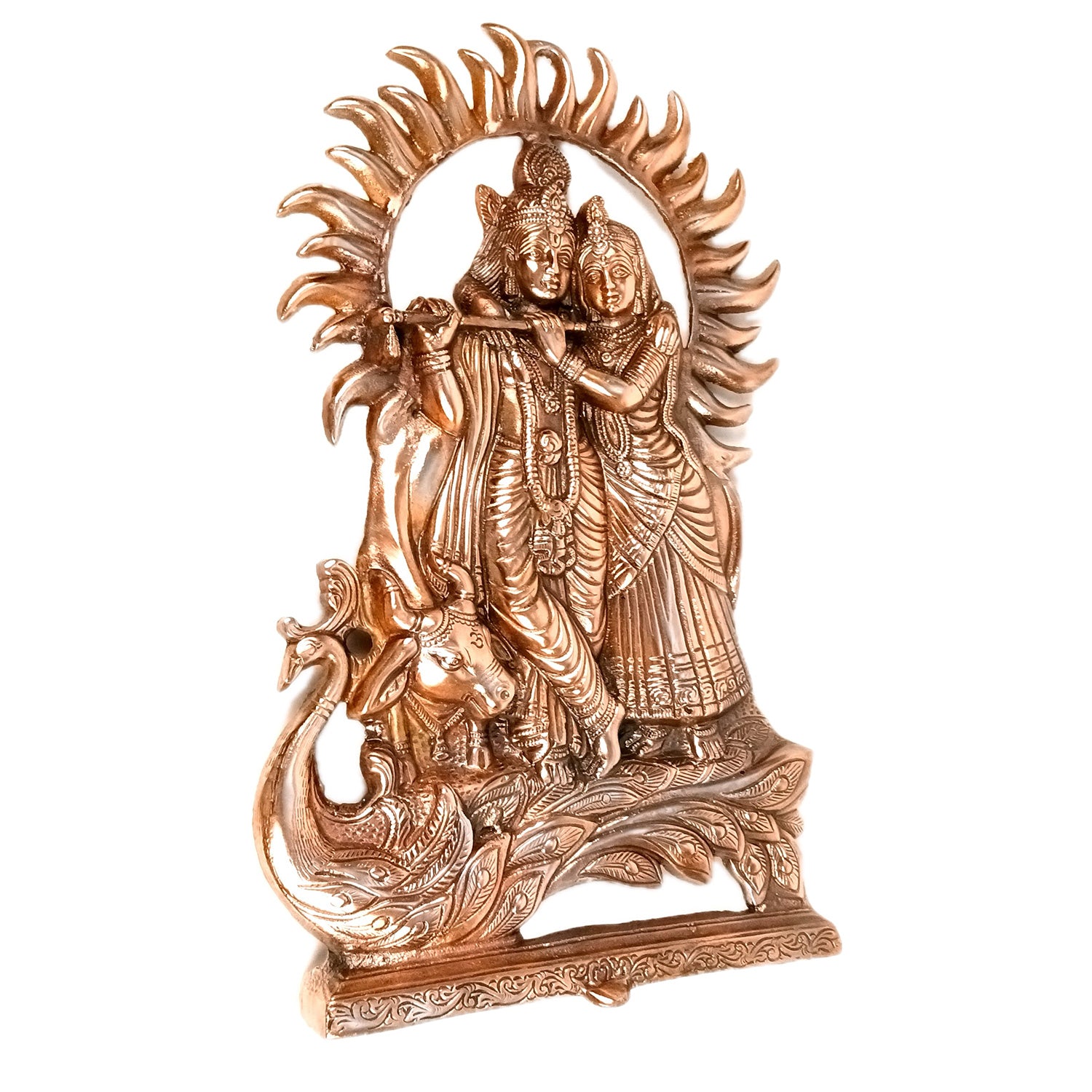 Radha Krishna Wall Hanging  | Radhe Krishna With Cow & Peacock Wall Statue | Wedding Gift for Couples - for Home, Living Room, Office, Puja, Entrance Decoration - 16 Inch - Apkamart