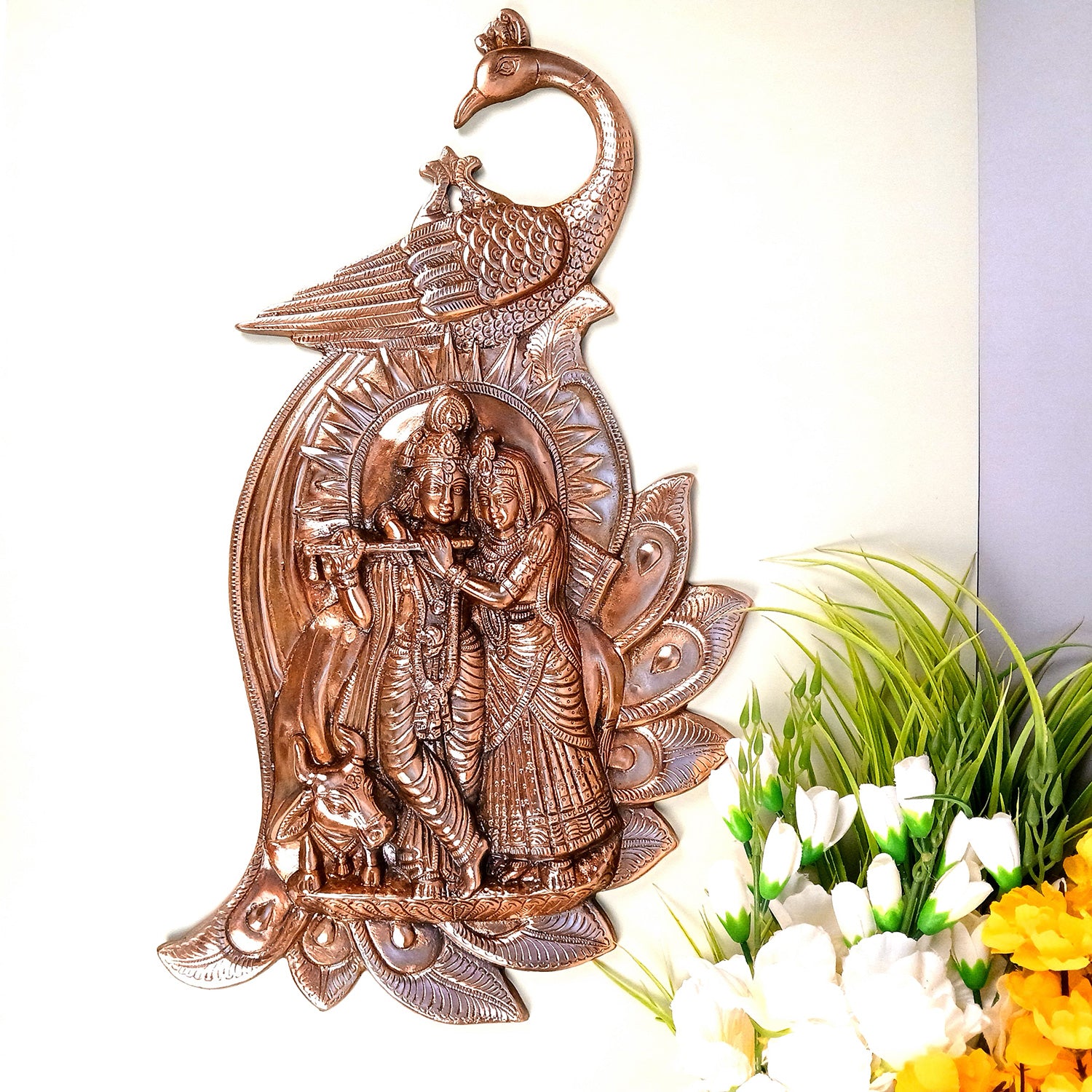 Radha Krishna Wall Hanging Idol | Shri Radha Krishna With Peacock Wall Decor Statue - for Gift, Home, Living Room, Office, Puja Room Decor - 23 Inch - Apkamart