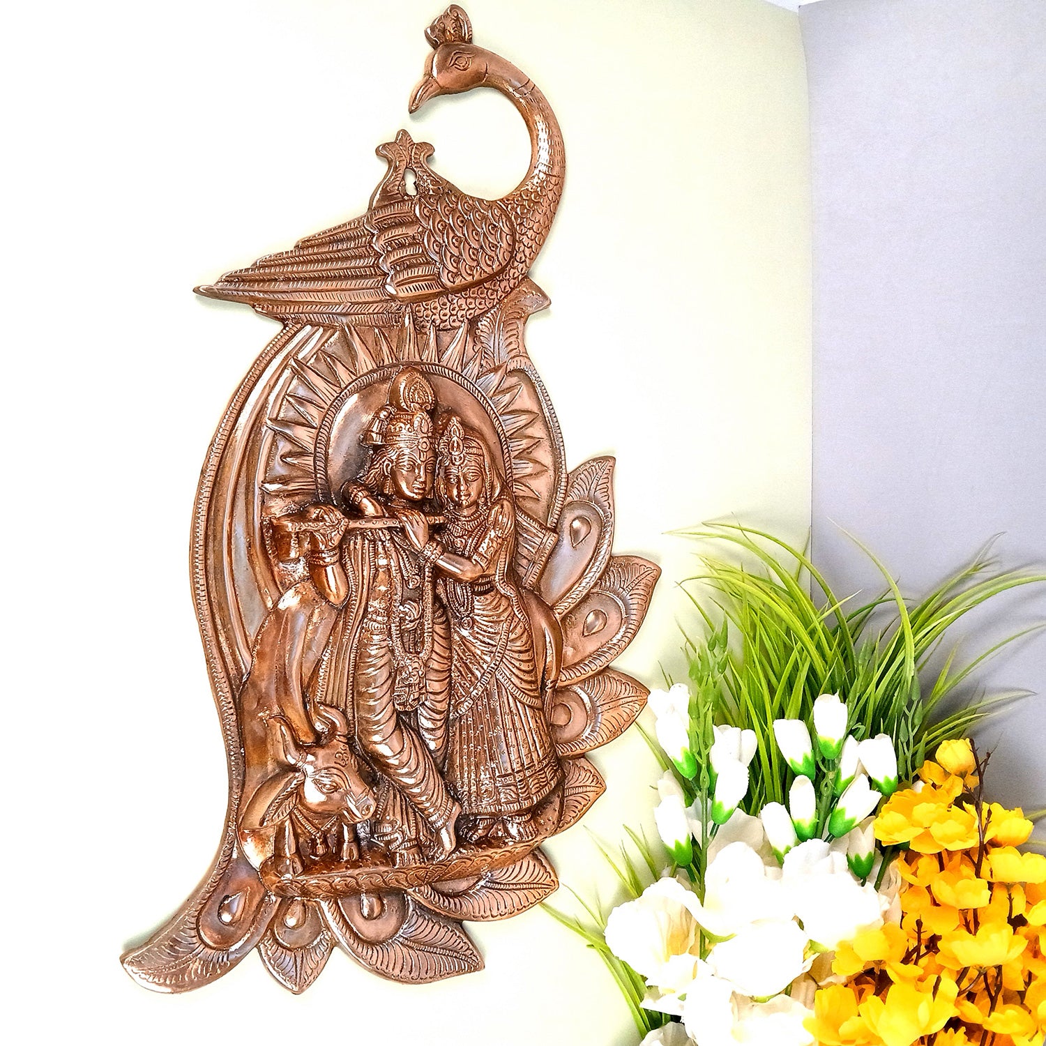 Radha Krishna Wall Hanging Idol | Shri Radha Krishna With Peacock Wall Decor Statue - for Gift, Home, Living Room, Office, Puja Room Decor - 23 Inch - Apkamart