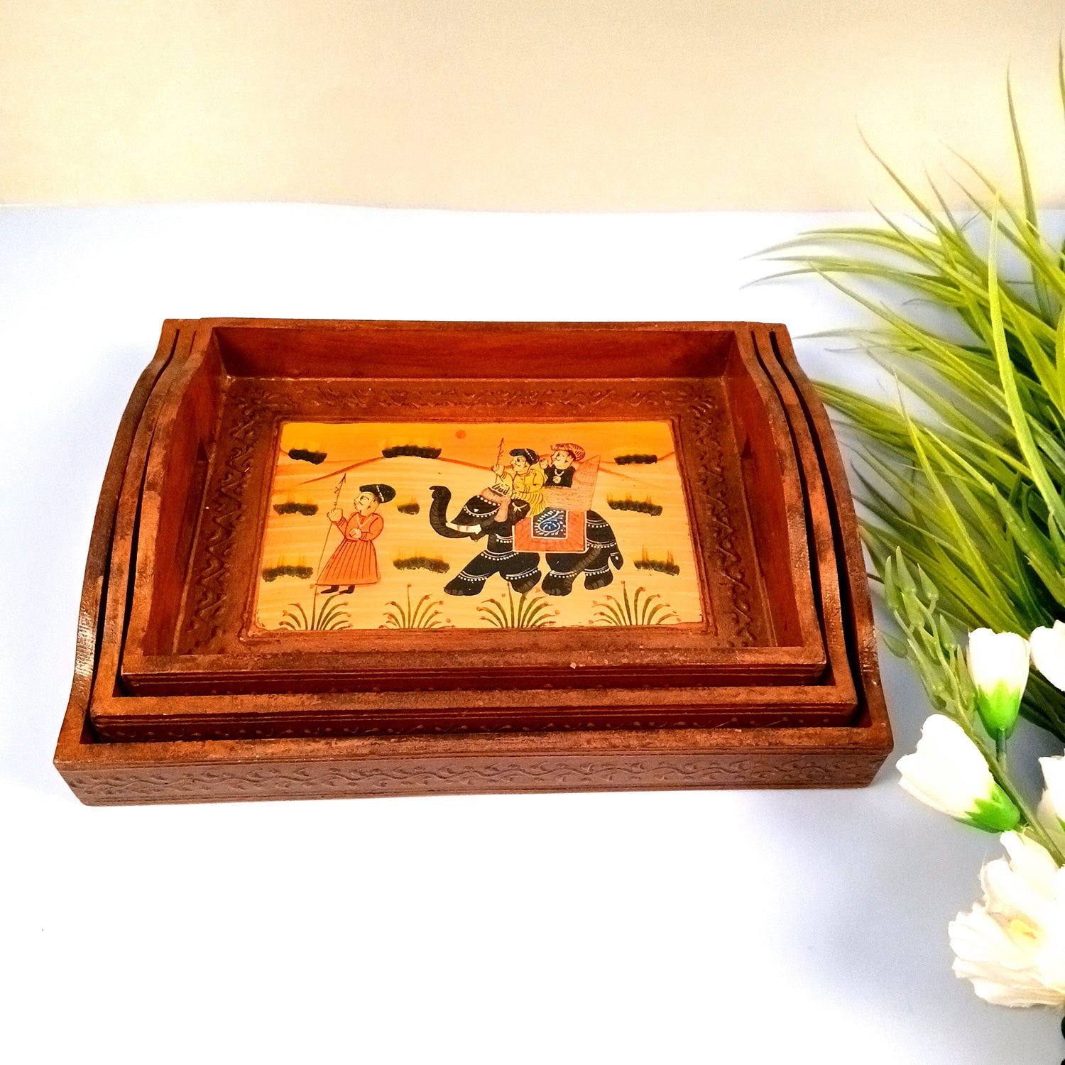 Wooden Tray Set | Serving Trays for Tea, Coffee & Snacks - for Home, Dining Table Organization, Kitchen & Gifts - Set of 3 - Apkamart