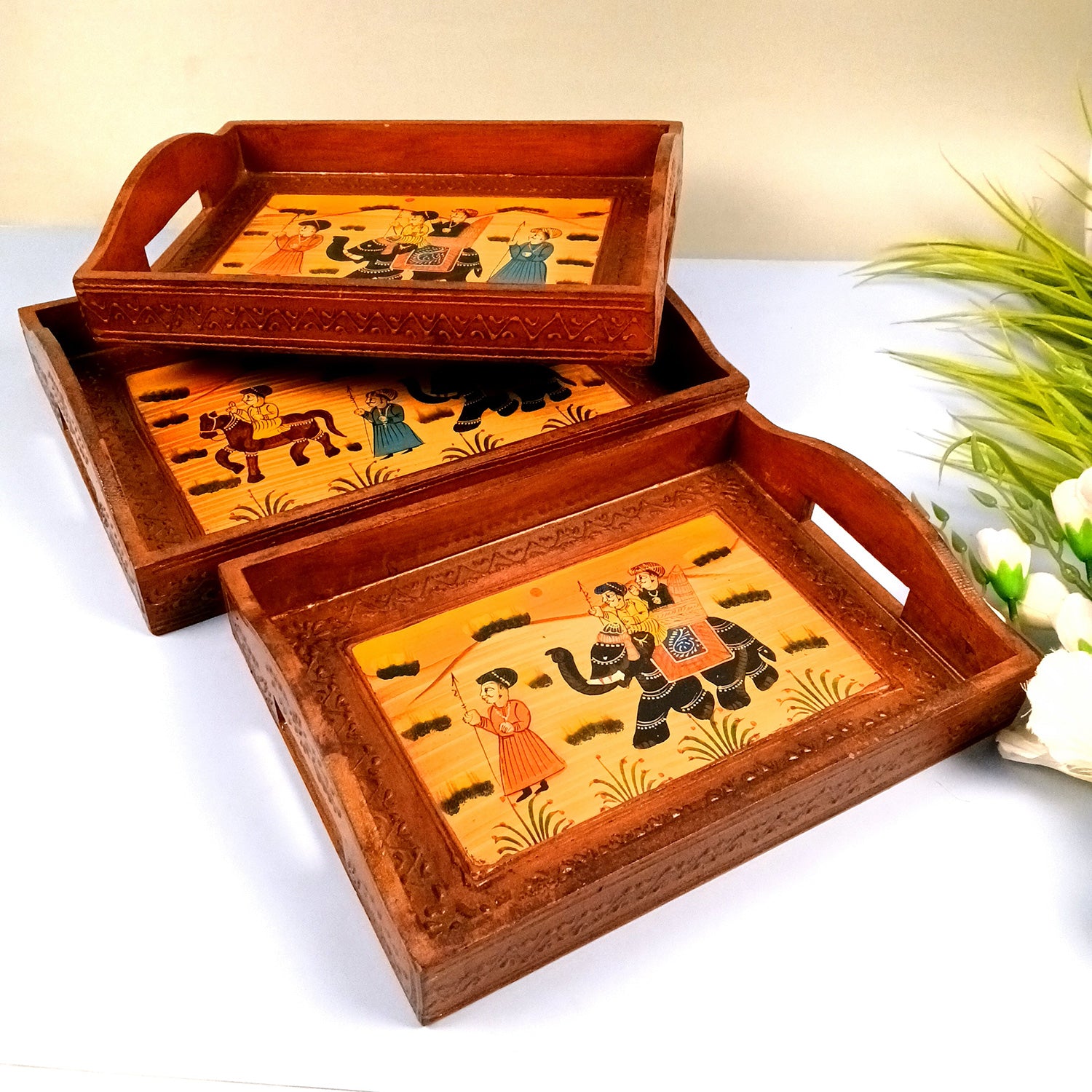 Wooden Tray Set | Serving Trays for Tea, Coffee & Snacks - for Home, Dining Table Organization, Kitchen & Gifts - Set of 3 - Apkamart