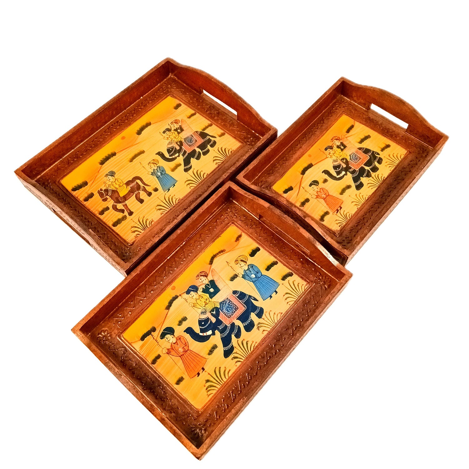 Wooden Tray Set | Serving Trays for Tea, Coffee & Snacks - for Home, Dining Table Organization, Kitchen & Gifts - Set of 3 - Apkamart