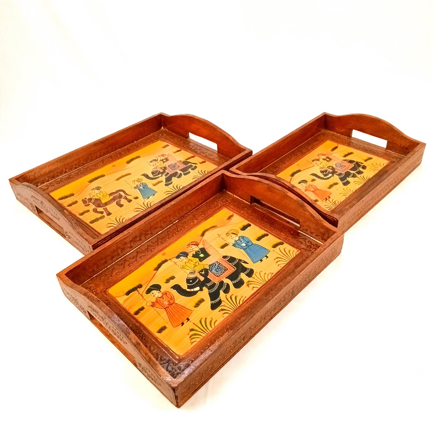 Wooden Tray Set | Serving Trays for Tea, Coffee & Snacks - for Home, Dining Table Organization, Kitchen & Gifts - Set of 3 - Apkamart