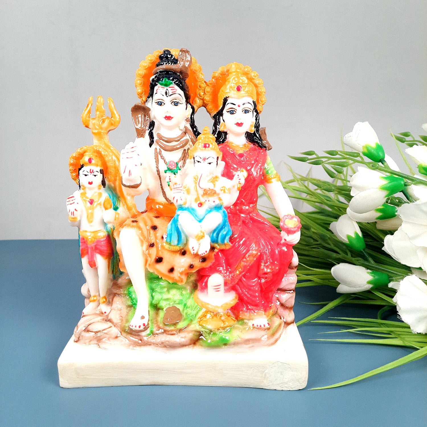 Shiv Parvati Ganesh & Kartikeya Statue | Shiv Parivar Idol Showpiece - for Home, Puja Room, Table Decor, Living Room, Office Desk & Gift - 9 Inch