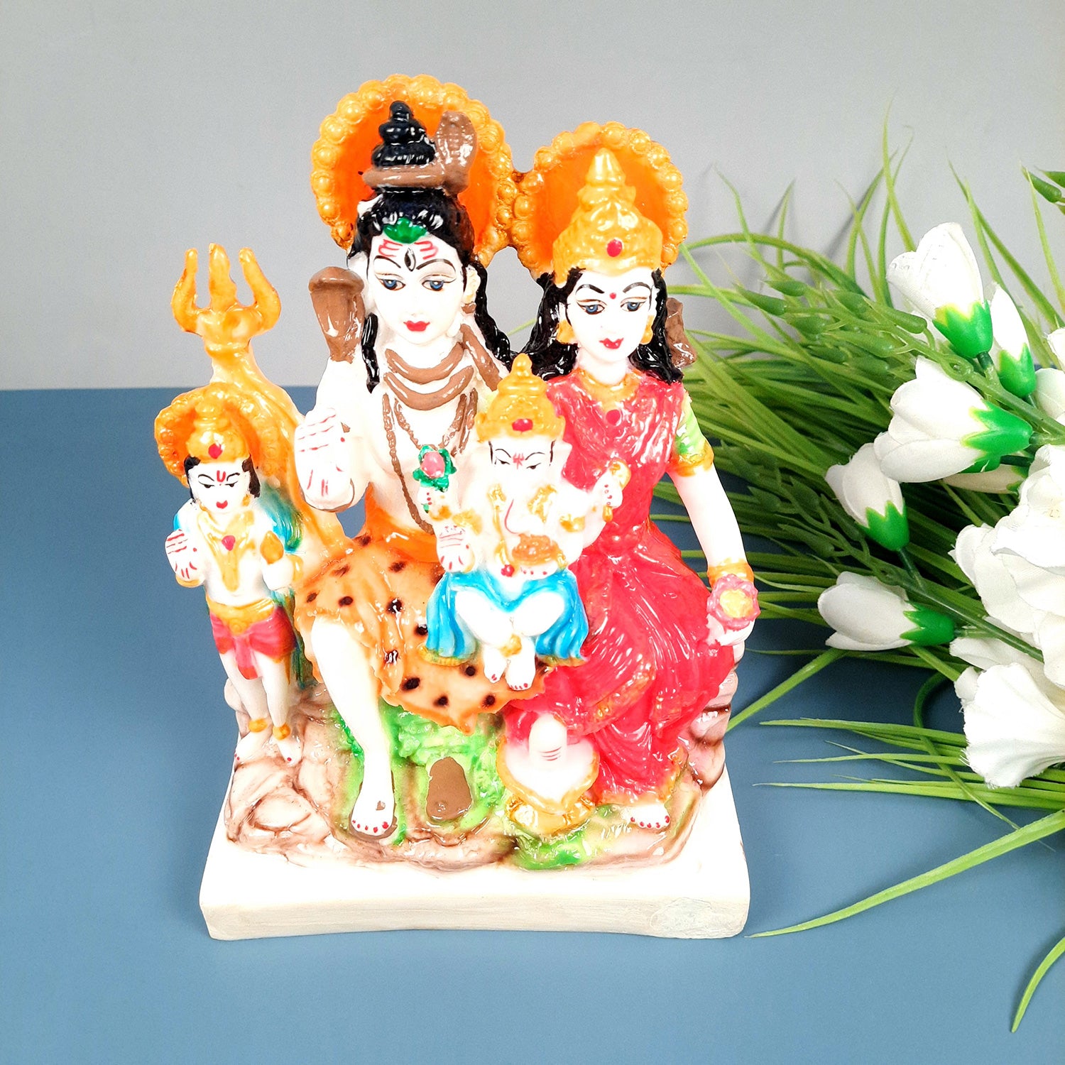 Shiv Parvati Ganesh & Kartikeya Statue | Shiv Parivar Idol Showpiece - for Home, Puja Room, Table Decor, Living Room, Office Desk & Gift - 9 Inch