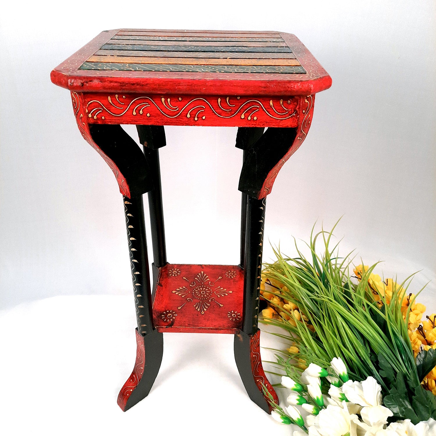 End Tables | Wooden Coffee Table |Side Table for Keeping Lamp, Vases & Plants | Wood Stool for Bedside, Home Decor, Corners, Sofa Side, Office & Gifts - 24 Inch - Apkamart #Color_Black-Red