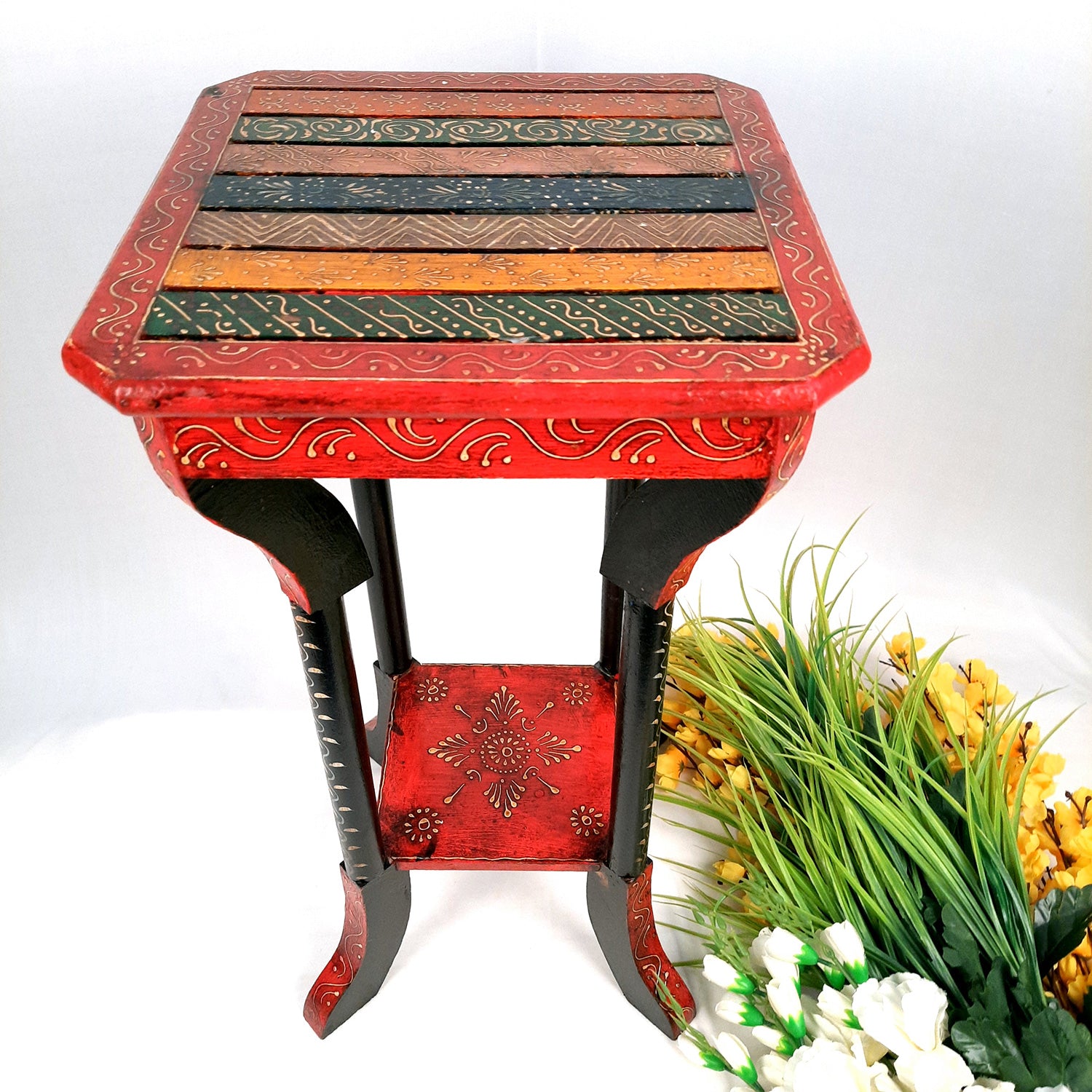 End Tables | Wooden Coffee Table |Side Table for Keeping Lamp, Vases & Plants | Wood Stool for Bedside, Home Decor, Corners, Sofa Side, Office & Gifts - 24 Inch - Apkamart #Color_Black-Red