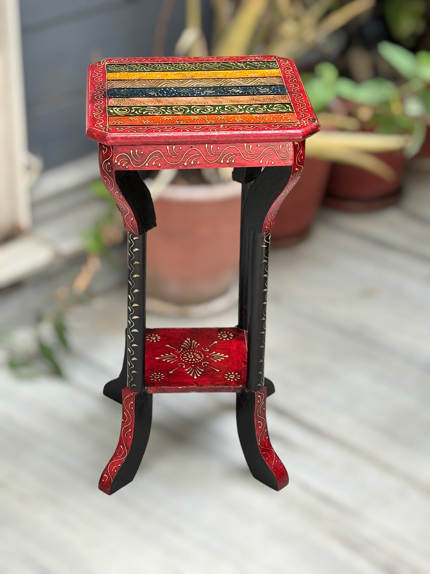 End Tables | Wooden Coffee Table |Side Table for Keeping Lamp, Vases & Plants | Wood Stool for Bedside, Home Decor, Corners, Sofa Side, Office & Gifts - 24 Inch - Apkamart #Color_Black-Red