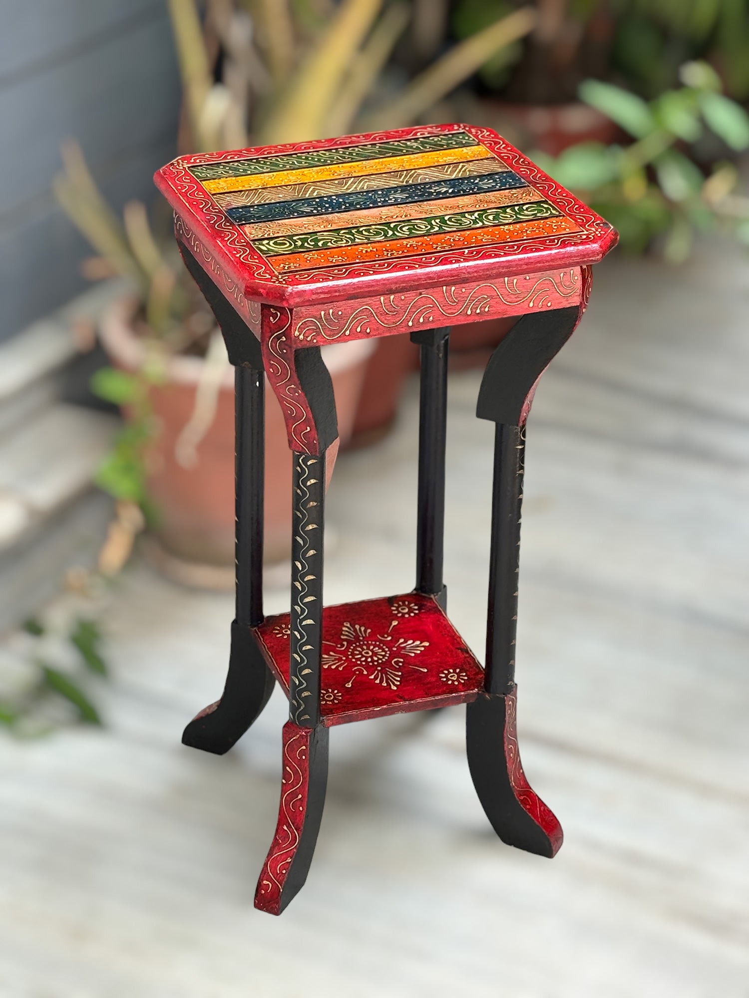 End Tables | Wooden Coffee Table |Side Table for Keeping Lamp, Vases & Plants | Wood Stool for Bedside, Home Decor, Corners, Sofa Side, Office & Gifts - 24 Inch - Apkamart #Color_Black-Red