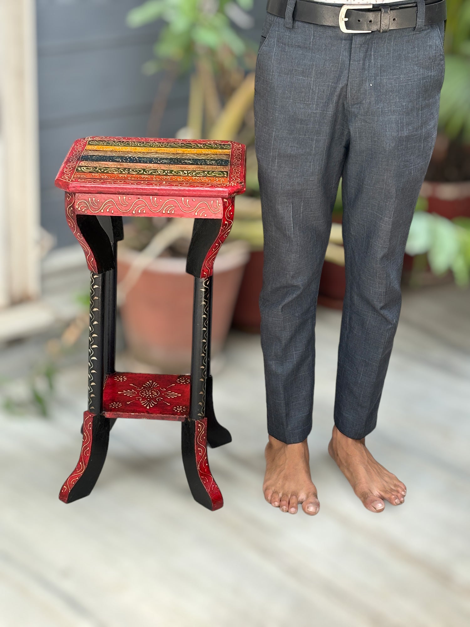 End Tables | Wooden Coffee Table |Side Table for Keeping Lamp, Vases & Plants | Wood Stool for Bedside, Home Decor, Corners, Sofa Side, Office & Gifts - 24 Inch - Apkamart #Color_Black-Red