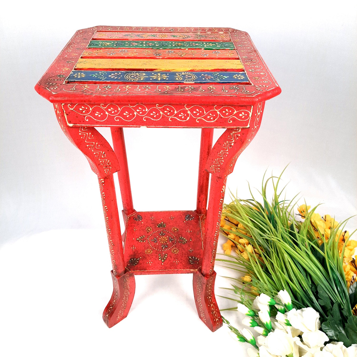 End Tables | Wooden Coffee Table |Side Table for Keeping Lamp, Vases & Plants | Wood Stool for Bedside, Home Decor, Corners, Sofa Side, Office & Gifts - 24 Inch - Apkamart #Color_Red