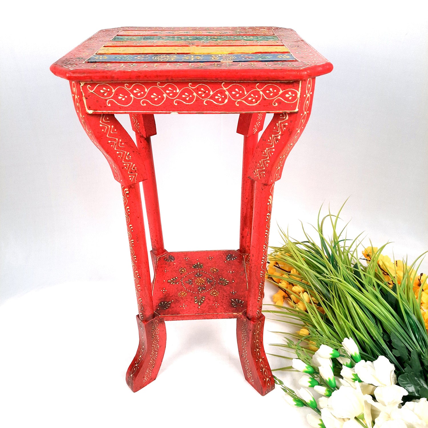 End Tables | Wooden Coffee Table |Side Table for Keeping Lamp, Vases & Plants | Wood Stool for Bedside, Home Decor, Corners, Sofa Side, Office & Gifts - 24 Inch - Apkamart #Color_Red