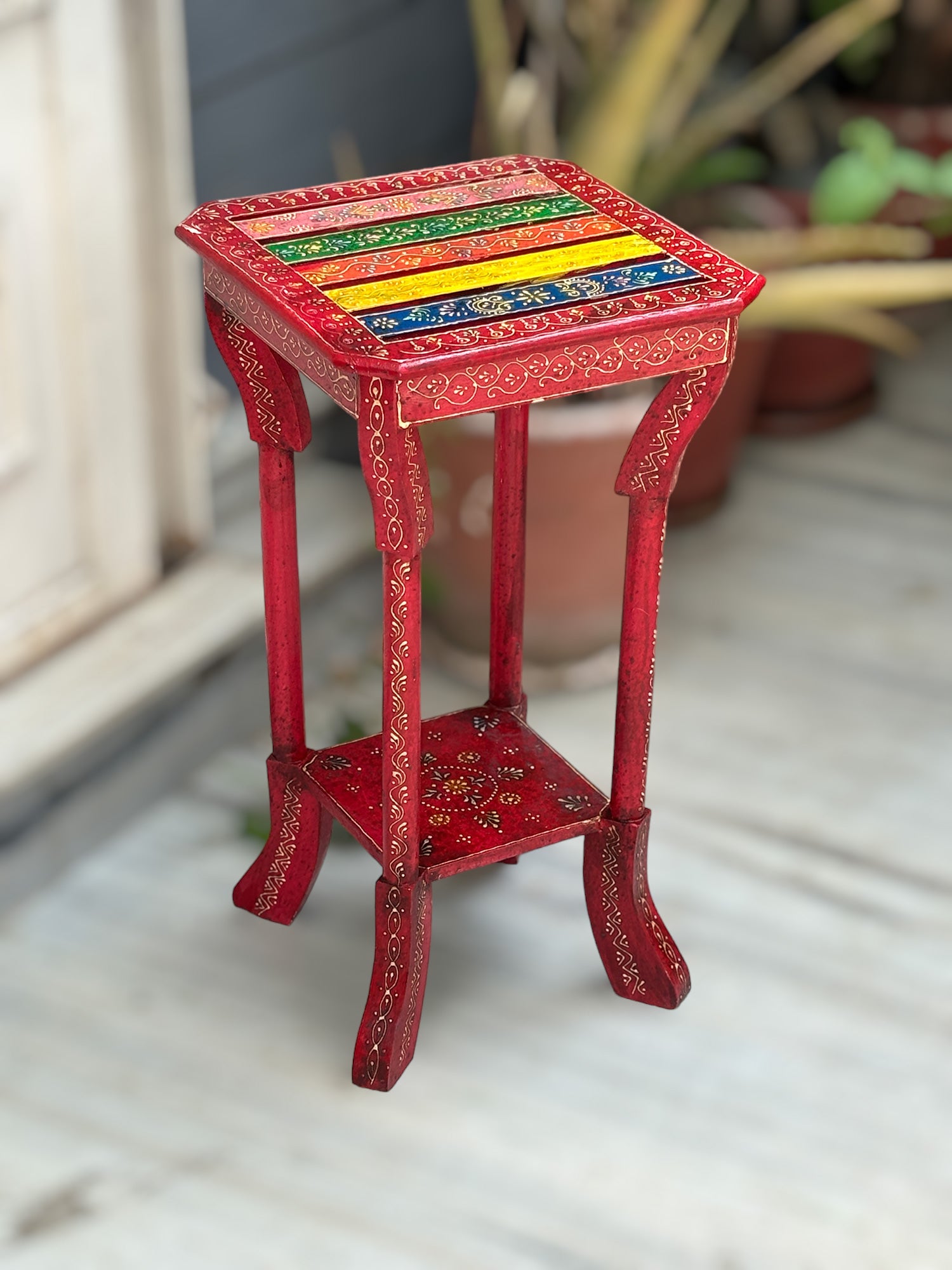 End Tables | Wooden Coffee Table |Side Table for Keeping Lamp, Vases & Plants | Wood Stool for Bedside, Home Decor, Corners, Sofa Side, Office & Gifts - 24 Inch - Apkamart #Color_Red