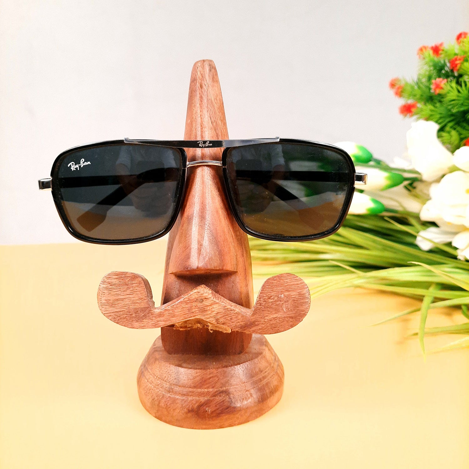 Wooden Spectacle Holders | Specs Eyeglass Holder Stand Nose Shaped with Moustache - For Home, Desk Organizer, Table, Office Decor, & Gifts - 6 Inch - apkamart #Style_Design 1