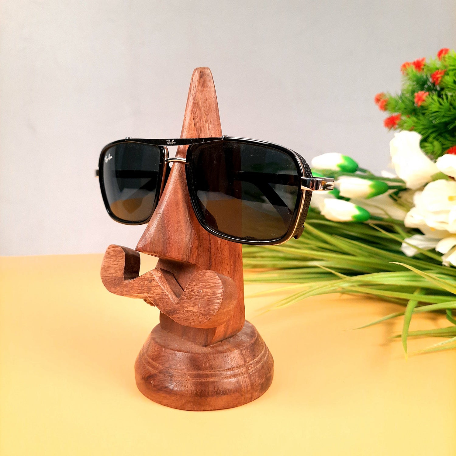 Wooden Spectacle Holders | Specs Eyeglass Holder Stand Nose Shaped with Moustache - For Home, Desk Organizer, Table, Office Decor, & Gifts - 6 Inch - apkamart #Style_Design 1