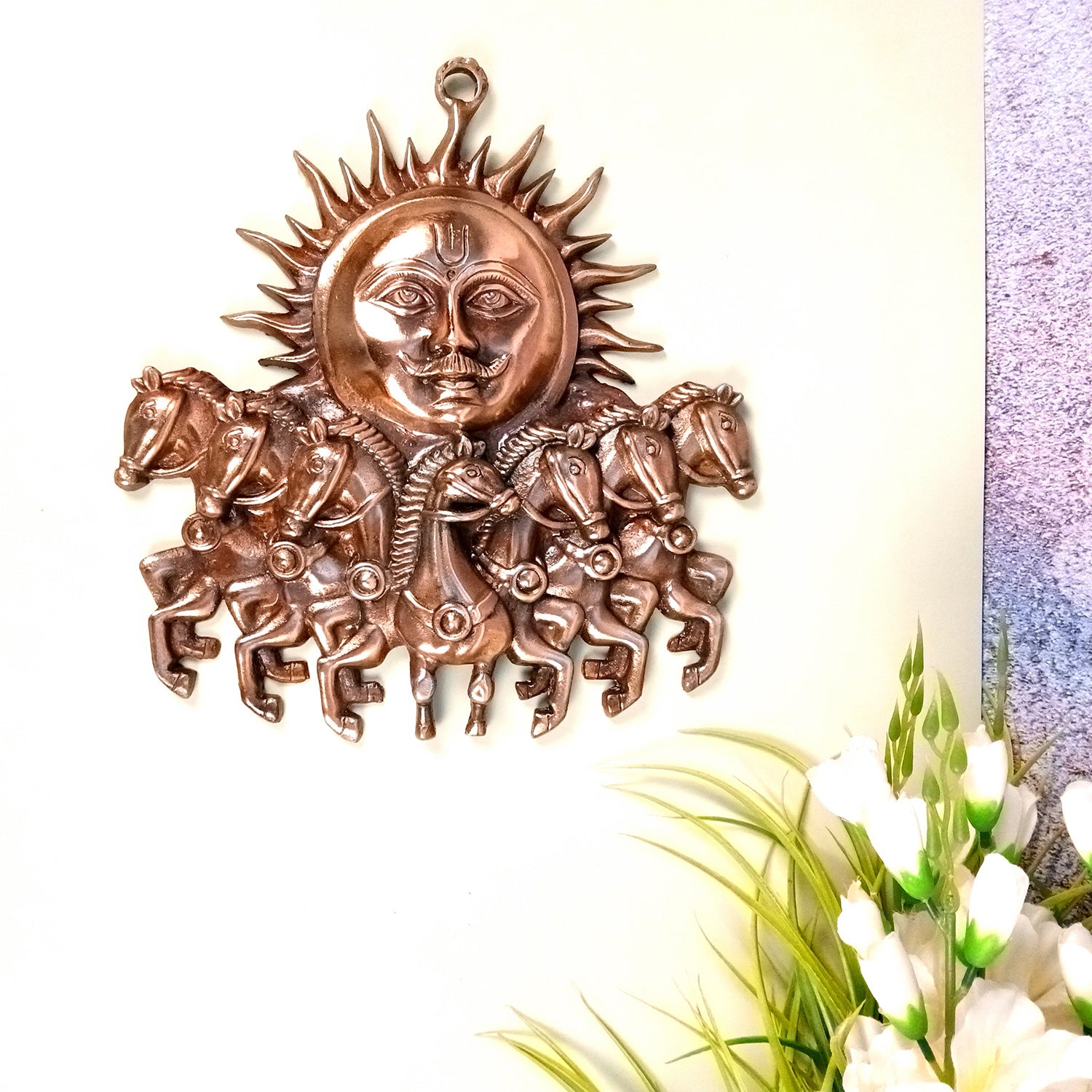 Sun with 7 / Seven Running Horses Wall Hanging | Surya Bahgwan Metal Wall Art - For Vastu, Home, Living Room, Bedroom, Hall, Entrance Decor - 12 Inch - Apkamart