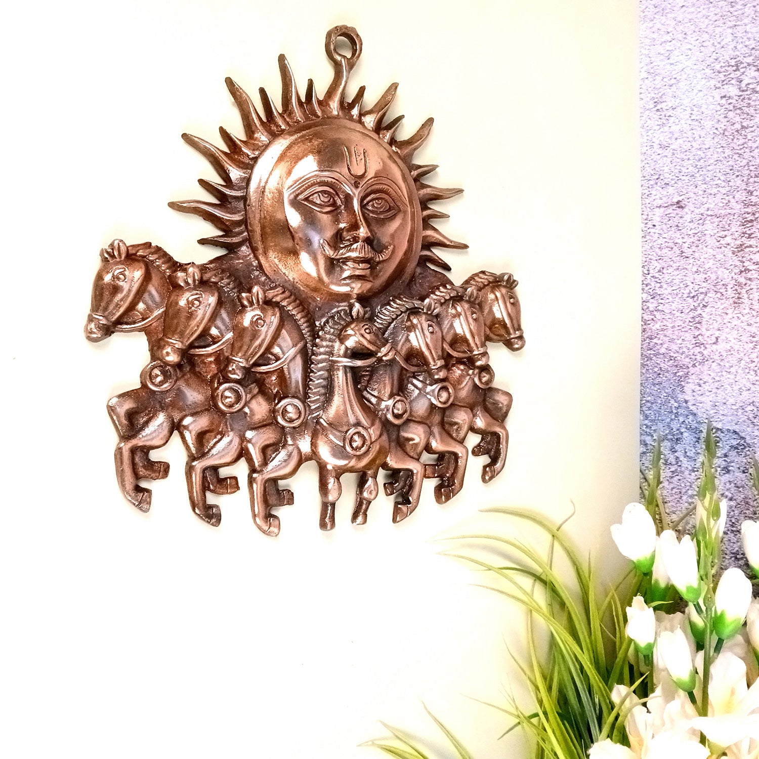 Sun with 7 / Seven Running Horses Wall Hanging | Surya Bahgwan Metal Wall Art - For Vastu, Home, Living Room, Bedroom, Hall, Entrance Decor - 12 Inch - Apkamart