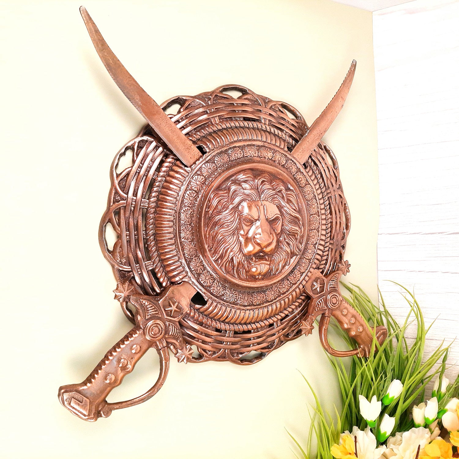 Dhal Talwar Wall Hanging -Lion Design | Sword & Shield Wall Mount Hangings - For Home, Living Room, Wall Decor & Gifts - 18 Inch