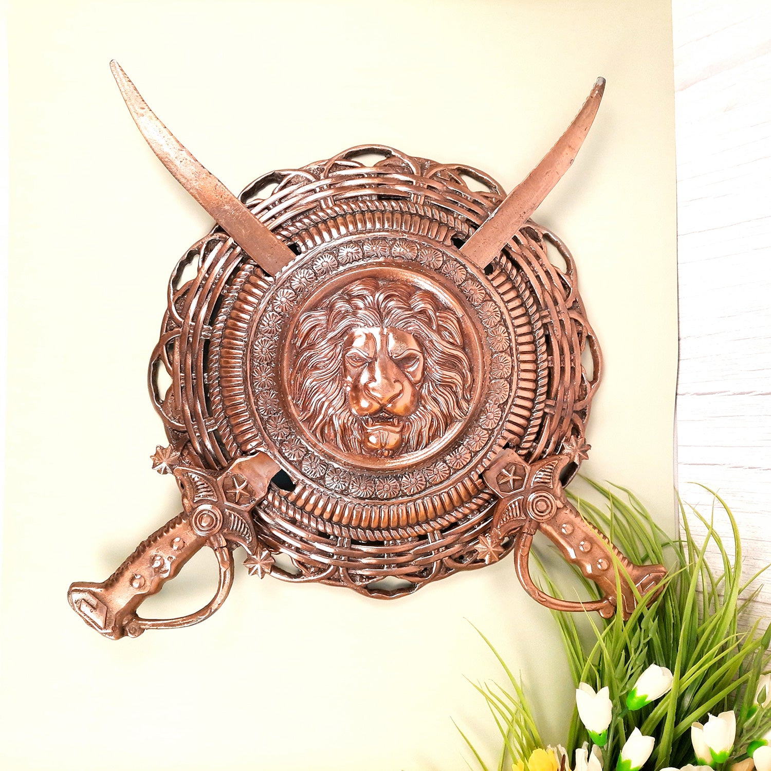 Dhal Talwar Wall Hanging -Lion Design | Sword & Shield Wall Mount Hangings - For Home, Living Room, Wall Decor & Gifts - 18 Inch