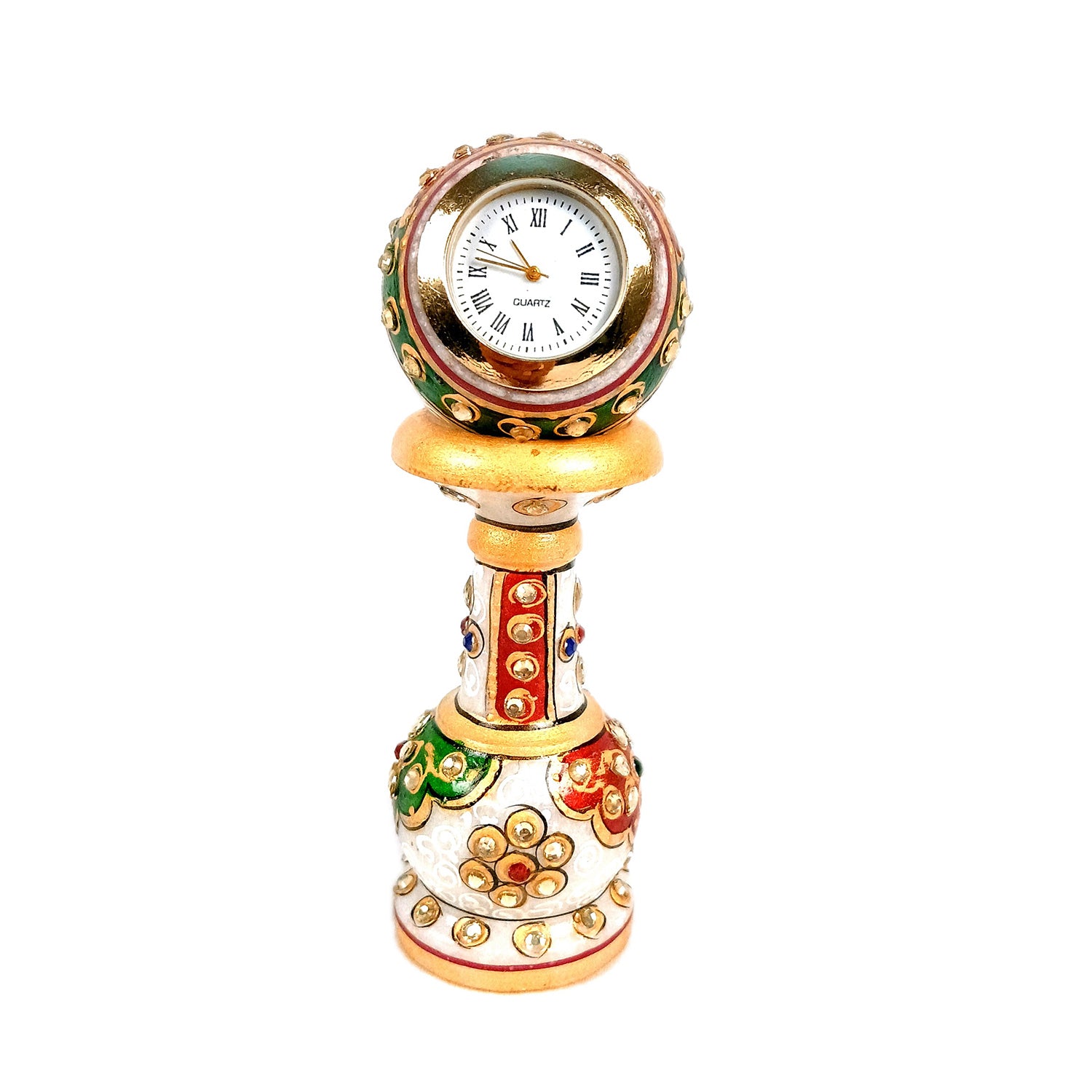 Marble Pillar Clock/Watch with Meenakari Work - Detachable Globe Design Clock - for Home, Living Room, Study Table, Desk, Office Decor & Gifts - 6 Inch - Apkamart