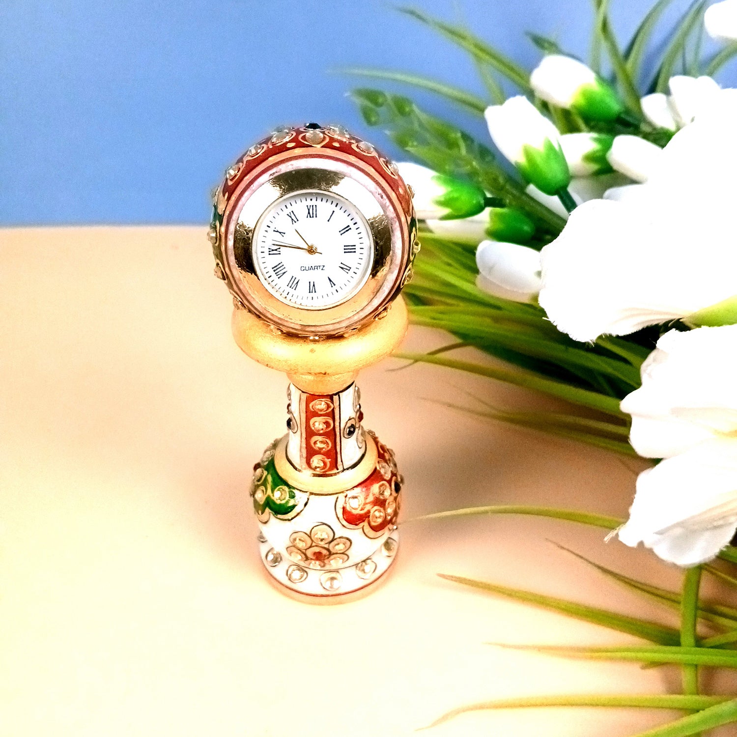 Marble Pillar Clock/Watch with Meenakari Work - Detachable Globe Design Clock - for Home, Living Room, Study Table, Desk, Office Decor & Gifts - 6 Inch - Apkamart